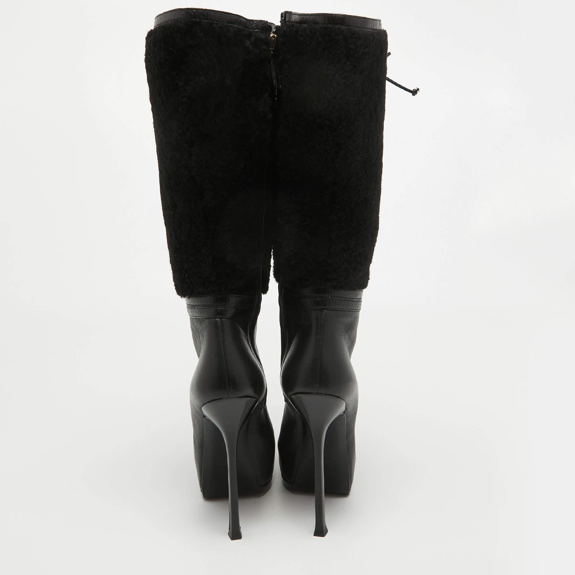 Women's Yves Saint Laurent Black Leather and Wool Platform Mid Calf Boots Size 39.5