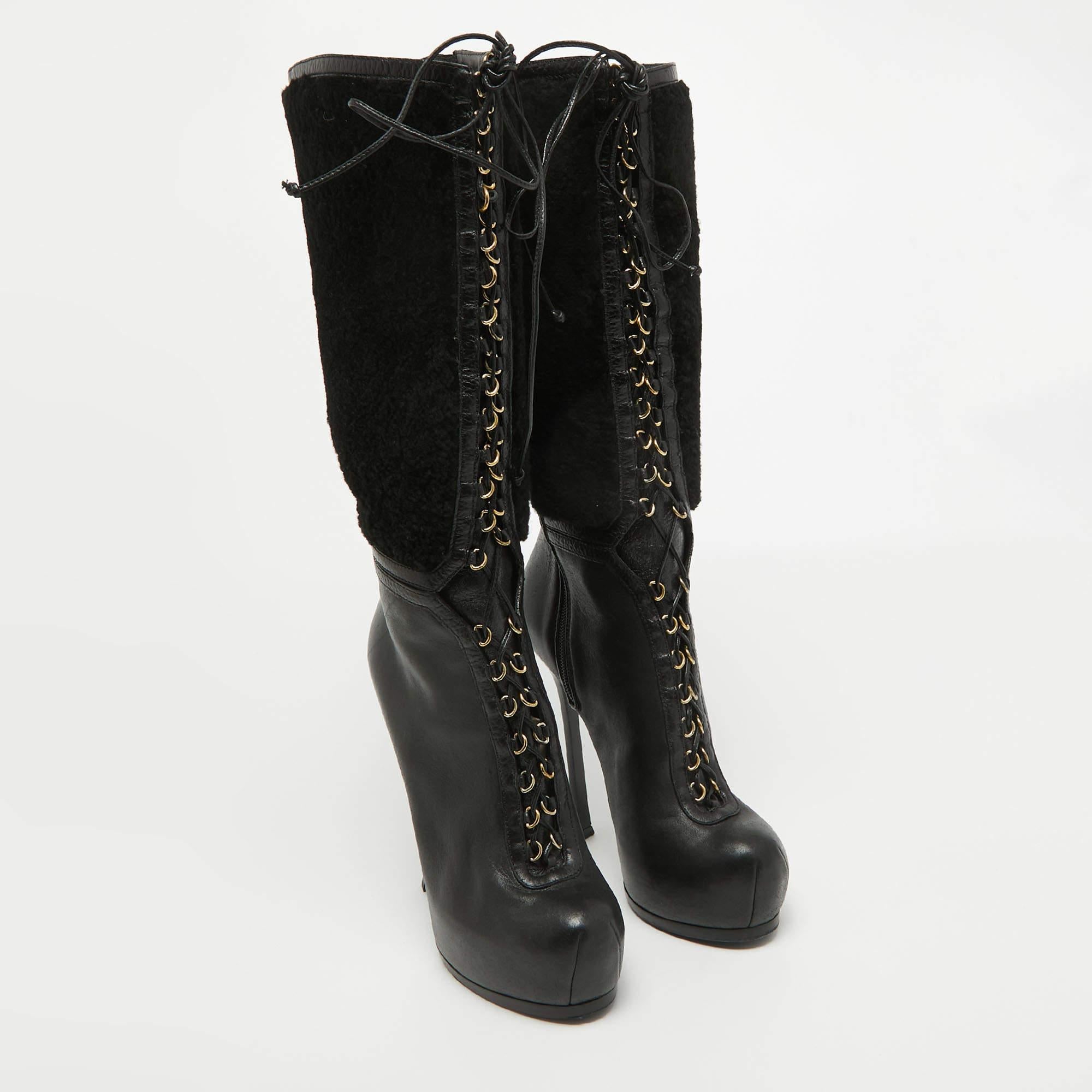 Yves Saint Laurent Black Leather and Wool Platform Mid Calf Boots Size 39.5 1