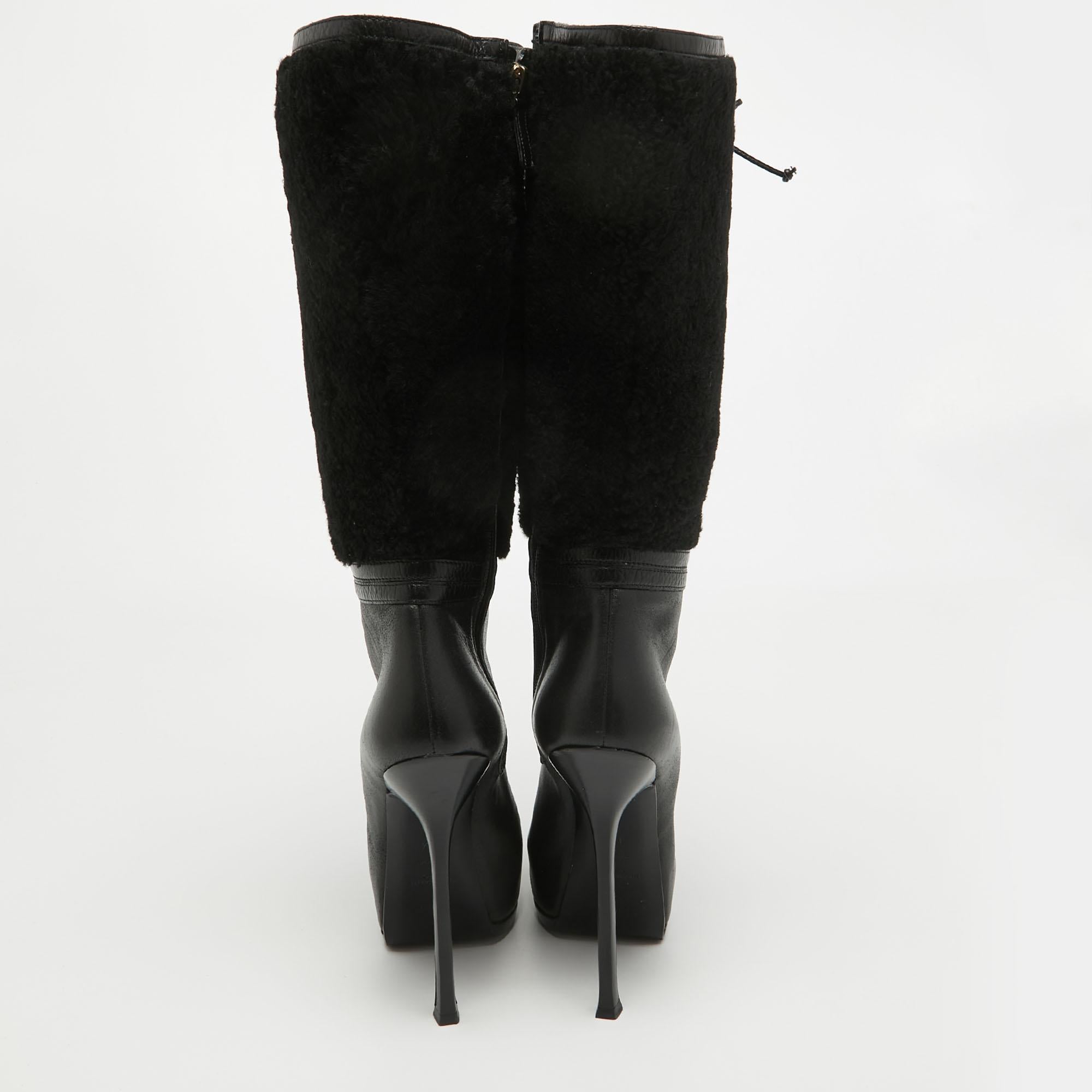 Yves Saint Laurent Black Leather and Wool Platform Mid Calf Boots Size 39.5 For Sale 2