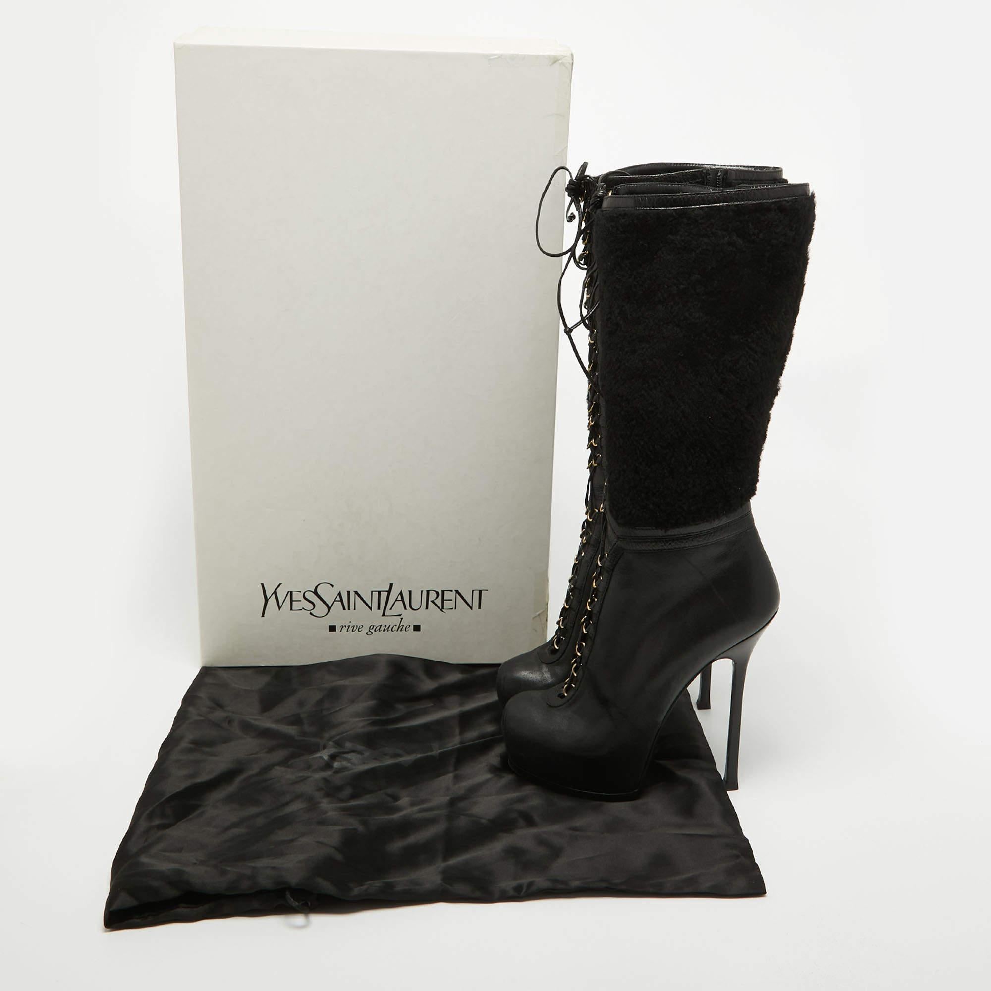 Yves Saint Laurent Black Leather and Wool Platform Mid Calf Boots Size 39.5 5