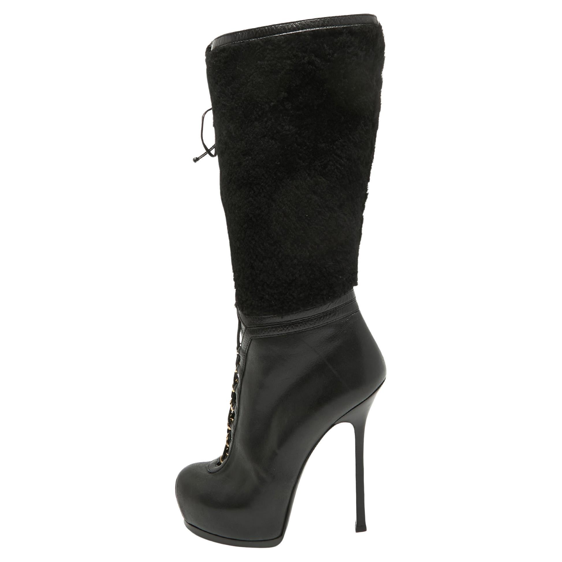 Yves Saint Laurent Black Leather and Wool Platform Mid Calf Boots Size 39.5 For Sale