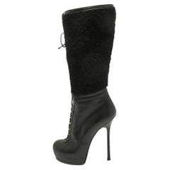 Used Yves Saint Laurent Black Leather and Wool Platform Mid Calf Boots Size 39.5