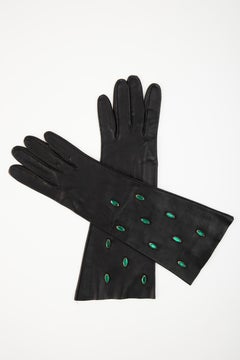 Yves Saint Laurent Black Leather & Appliquéd Green Glass Gloves, Circa: 1980's