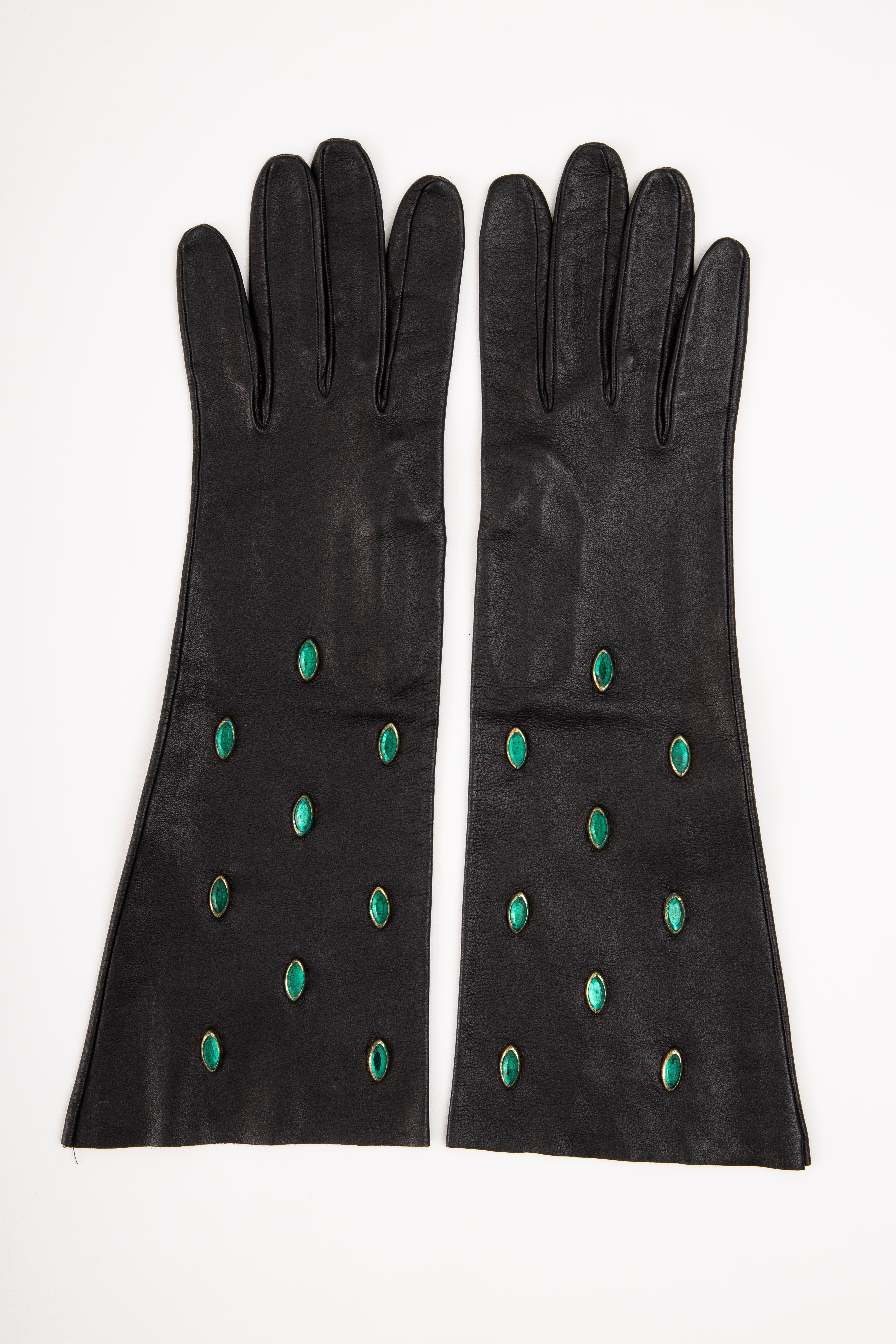Yves Saint Laurent Black Leather & Appliquéd Green Glass Gloves, Circa: 1980's In Good Condition For Sale In Cincinnati, OH