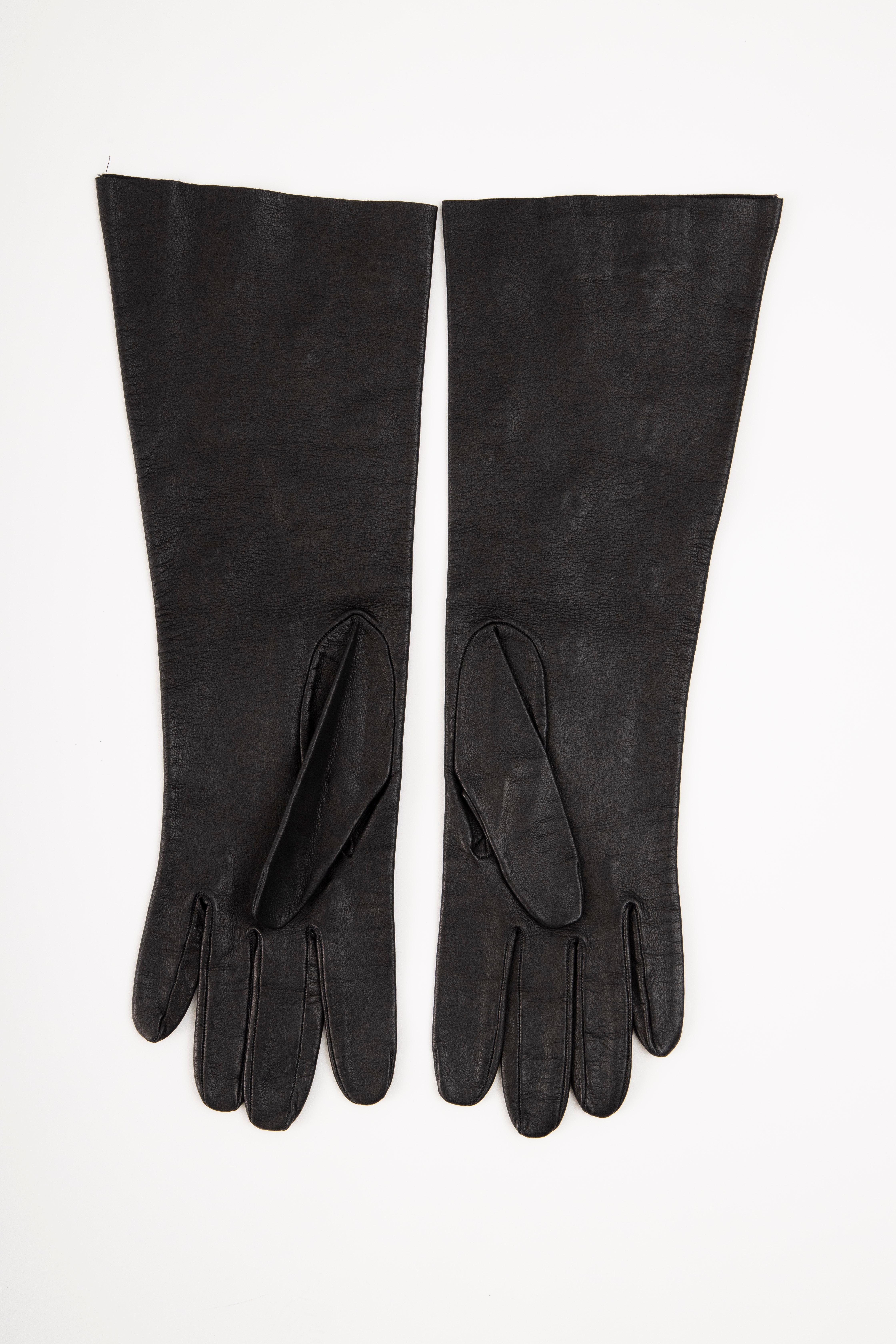Women's Yves Saint Laurent Black Leather & Appliquéd Green Glass Gloves, Circa: 1980's For Sale