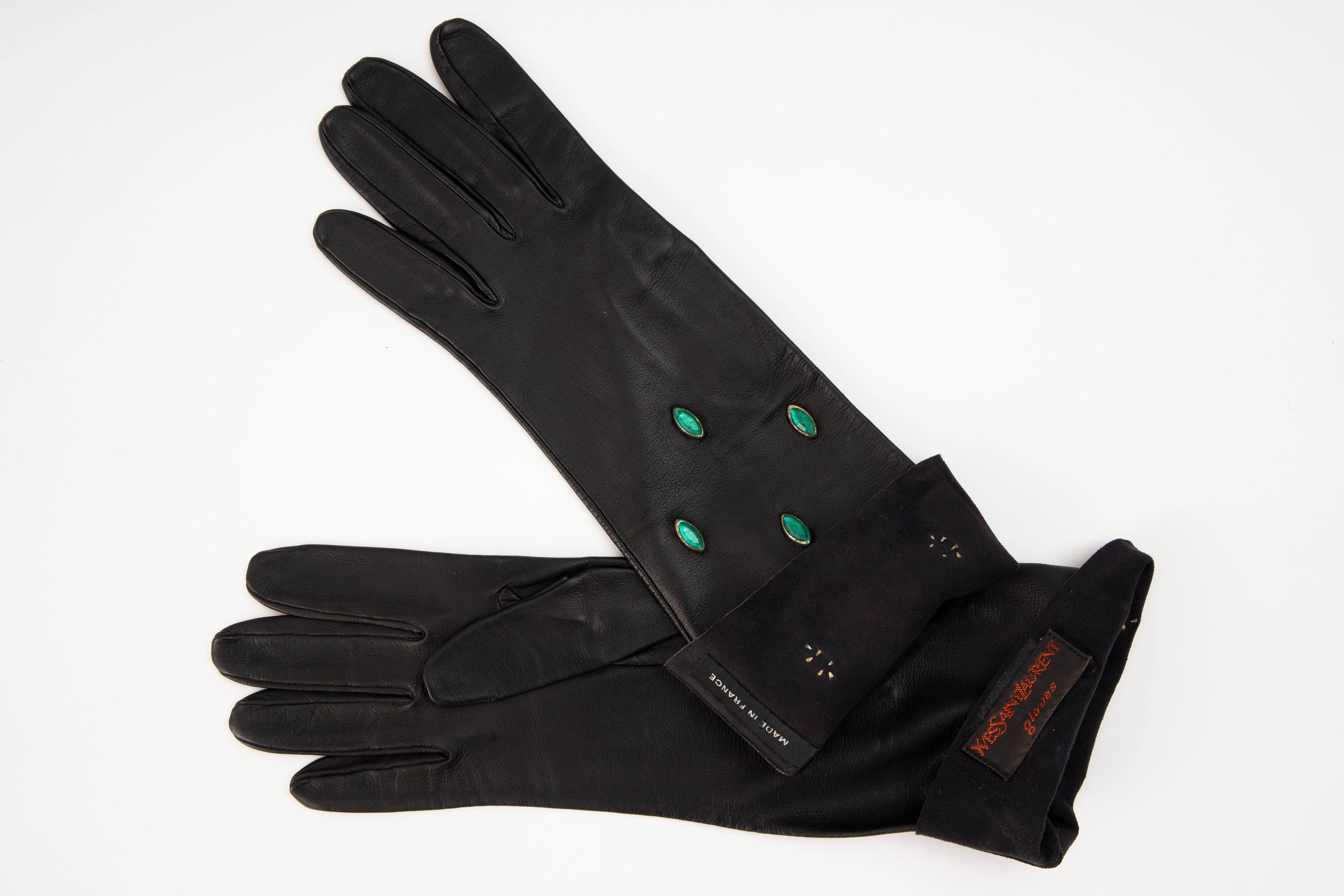Yves Saint Laurent Black Leather & Appliquéd Green Glass Gloves, Circa: 1980's For Sale 1