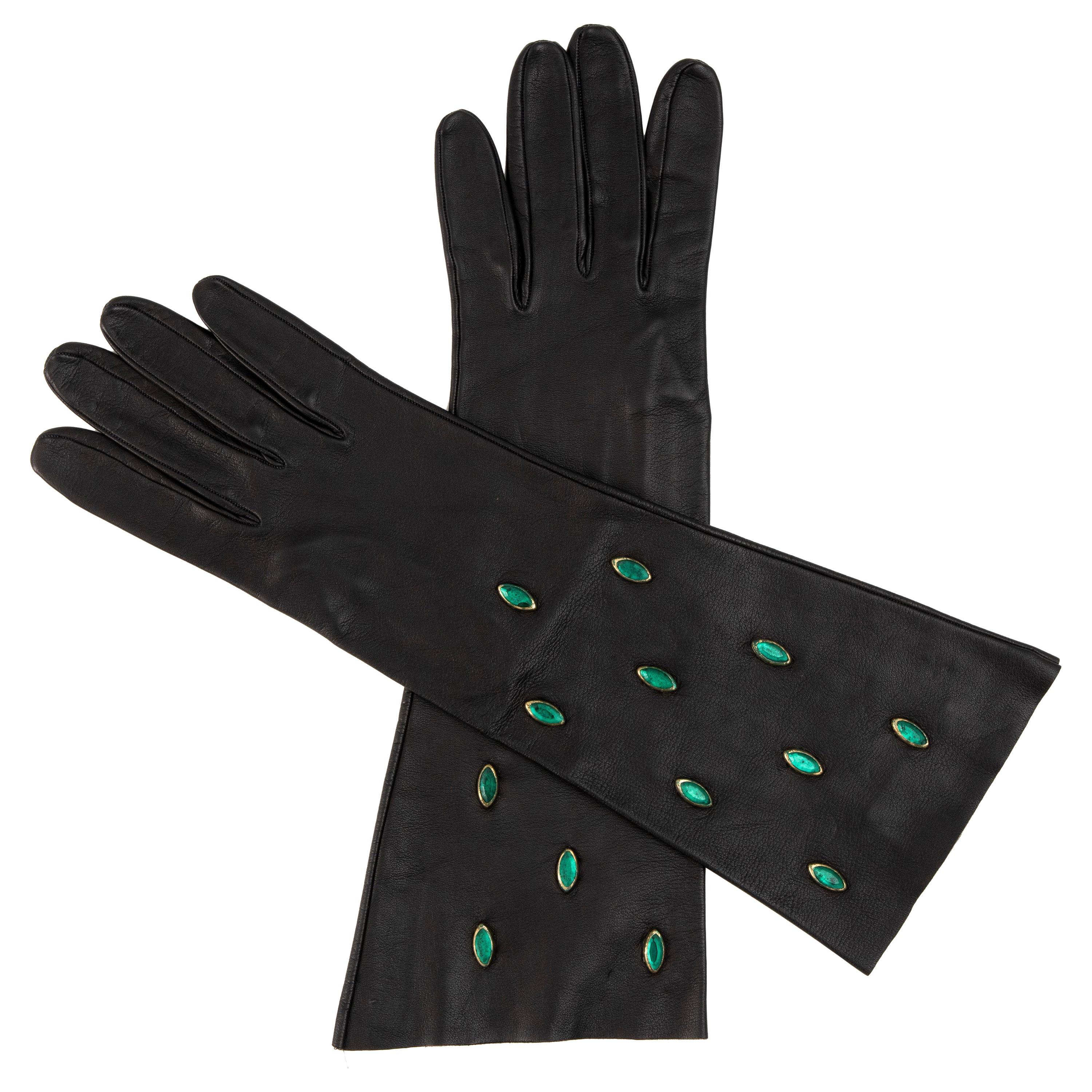 Yves Saint Laurent Black Leather & Appliquéd Green Glass Gloves, Circa: 1980's For Sale