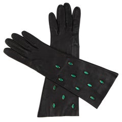 Yves Saint Laurent Black Leather & Appliquéd Green Glass Gloves, Circa: 1980's