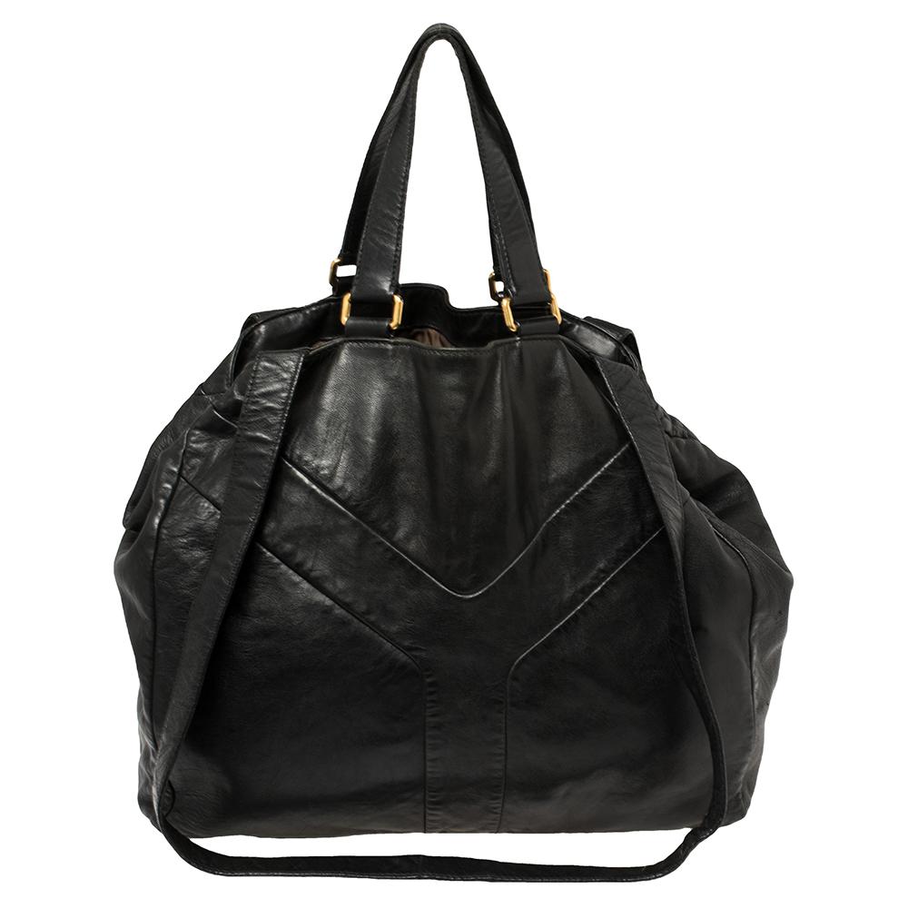 Women's Yves Saint Laurent Black Leather Double Sac Y Tote