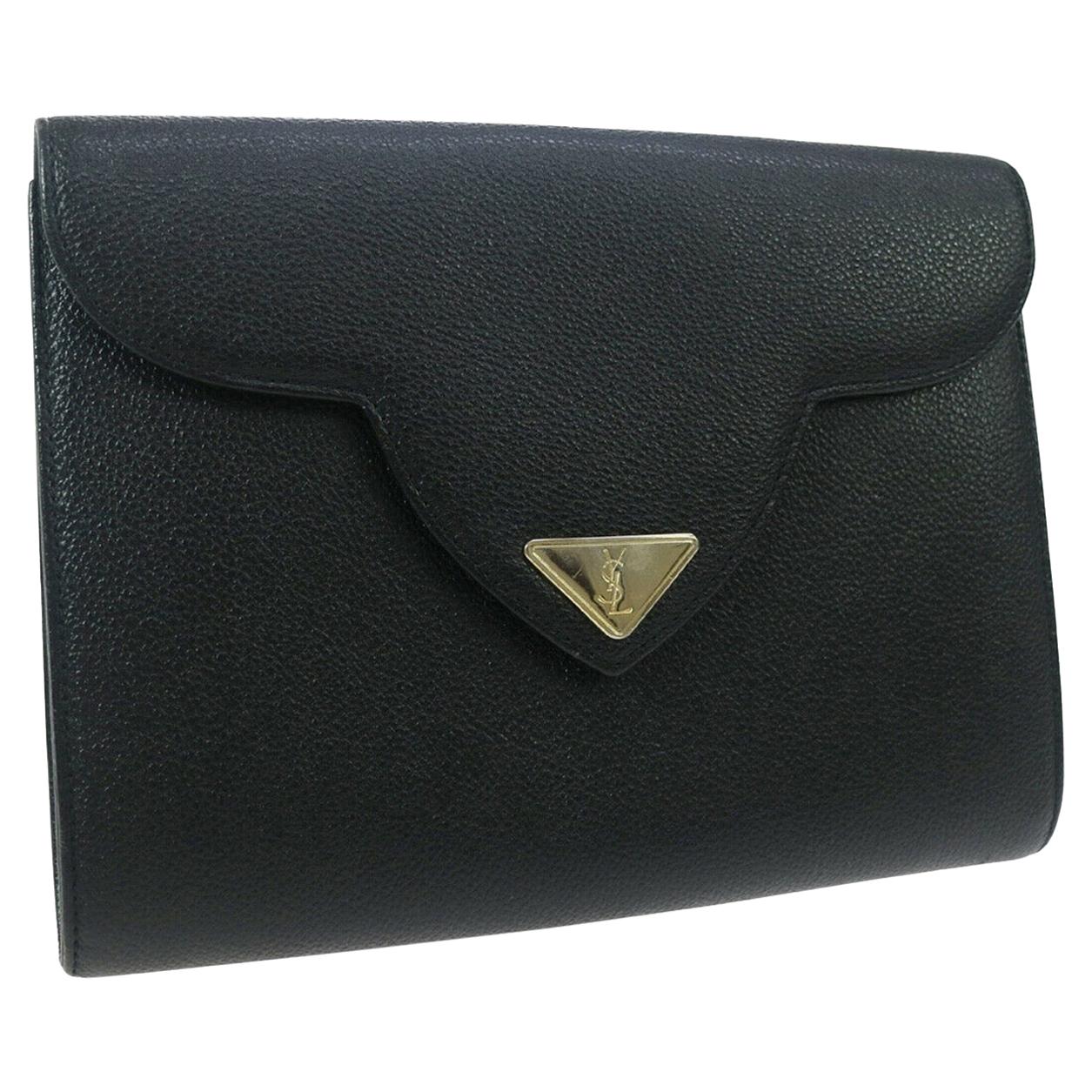 Yves Saint Laurent Black Leather Gold Logo Envelope Evening Flap Clutch Bag