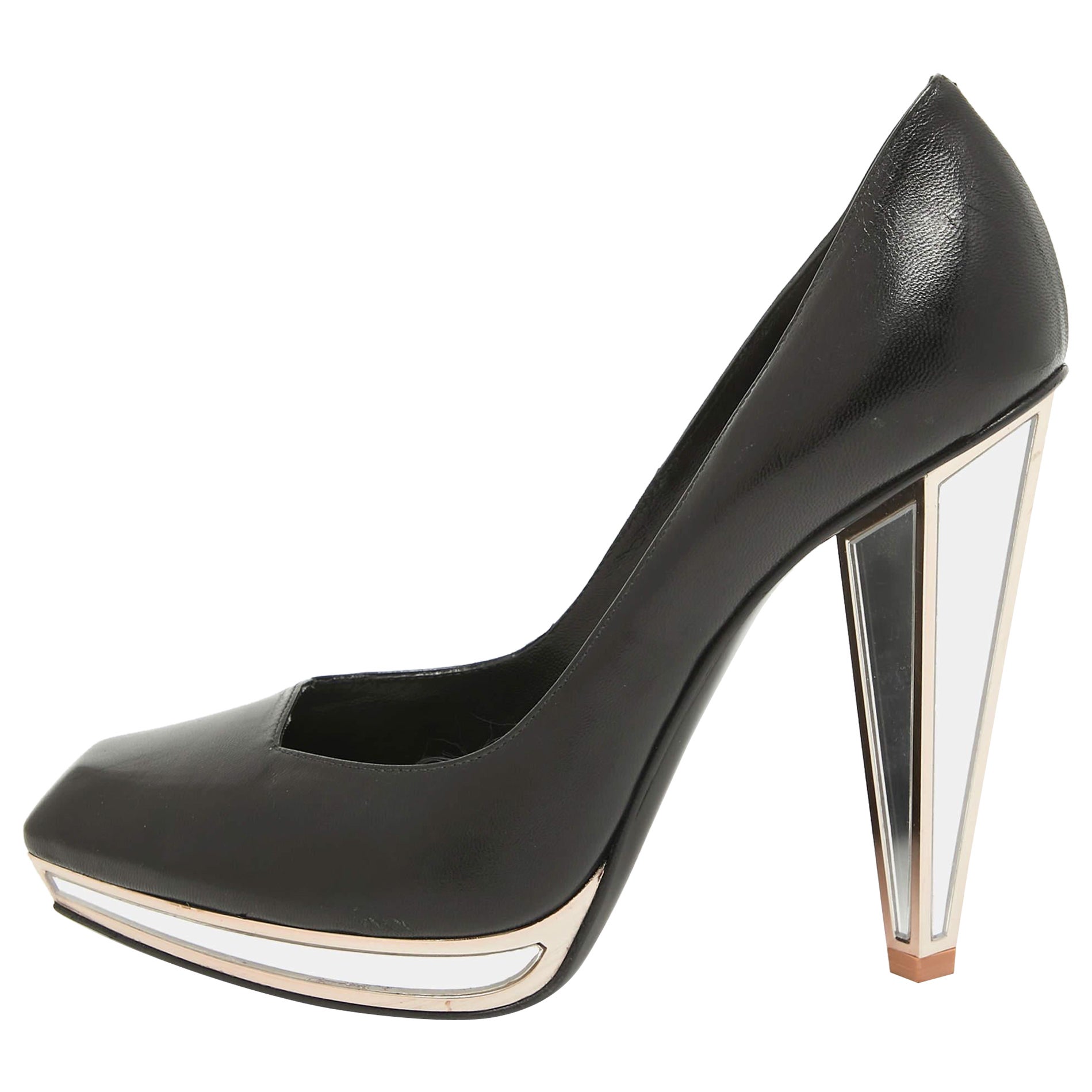 Yves Saint Laurent Black Leather Mirror Heel Platform Pumps Size 38.5