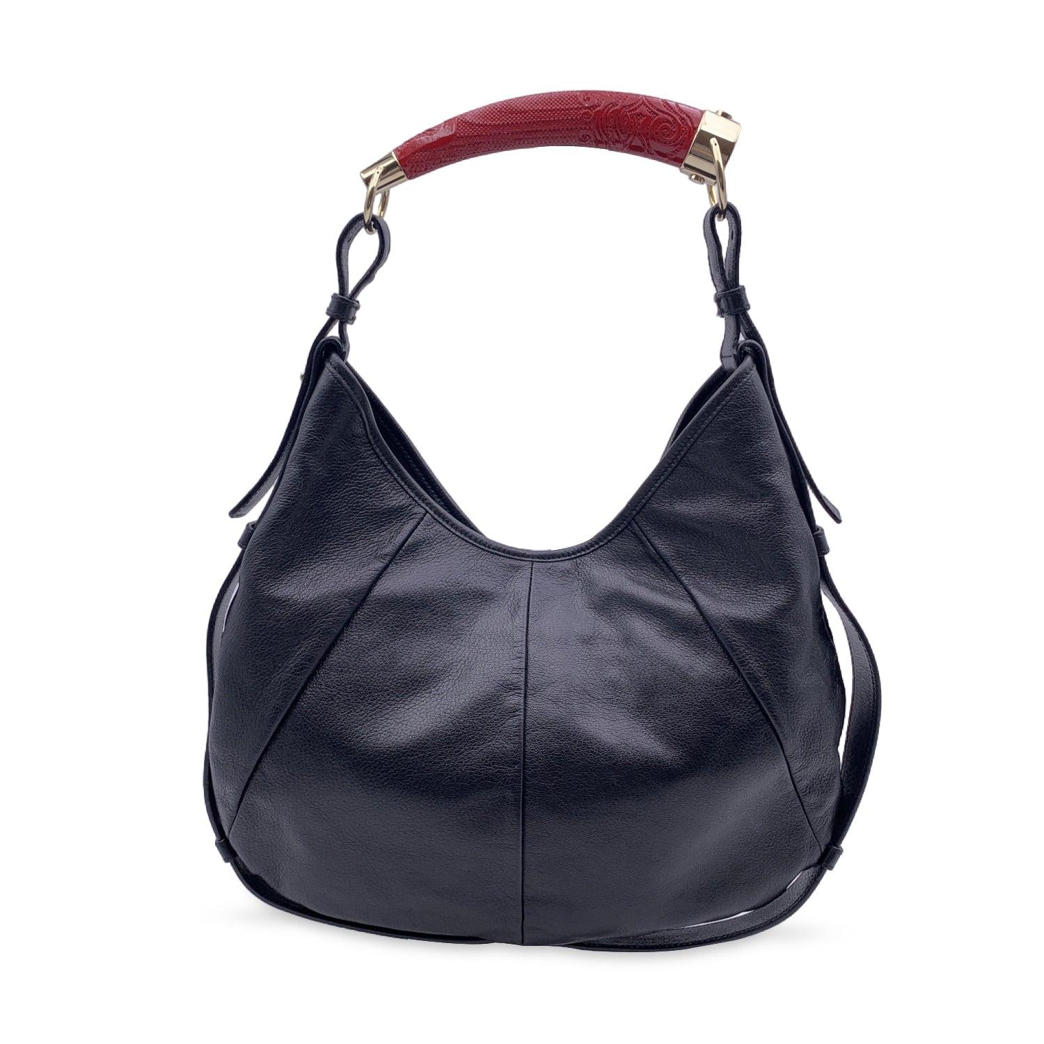 Yves Saint Laurent Black Leather Mombasa Hobo Bag Red Handle In Excellent Condition In Rome, Rome