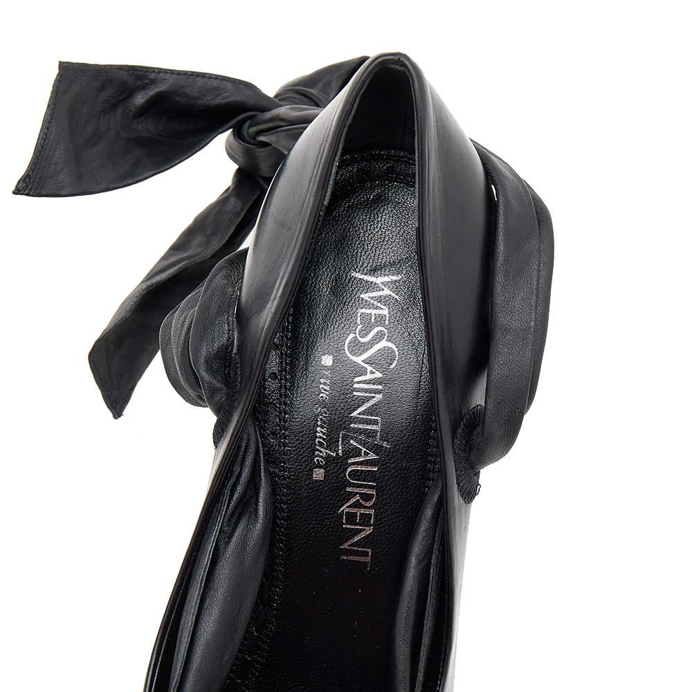 Yves Saint Laurent Black Leather Open Toe Ankle Wrap Pumps Size 37.5 In Good Condition For Sale In Dubai, Al Qouz 2