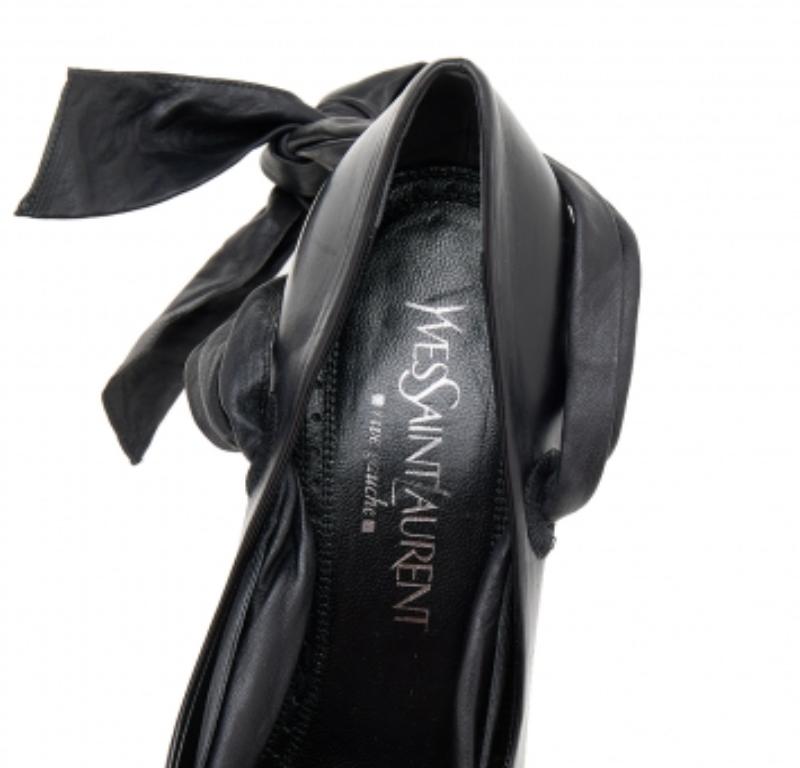 Women's Yves Saint Laurent Black Leather Open Toe  Ankle Wrap Pumps Size 37.5 For Sale