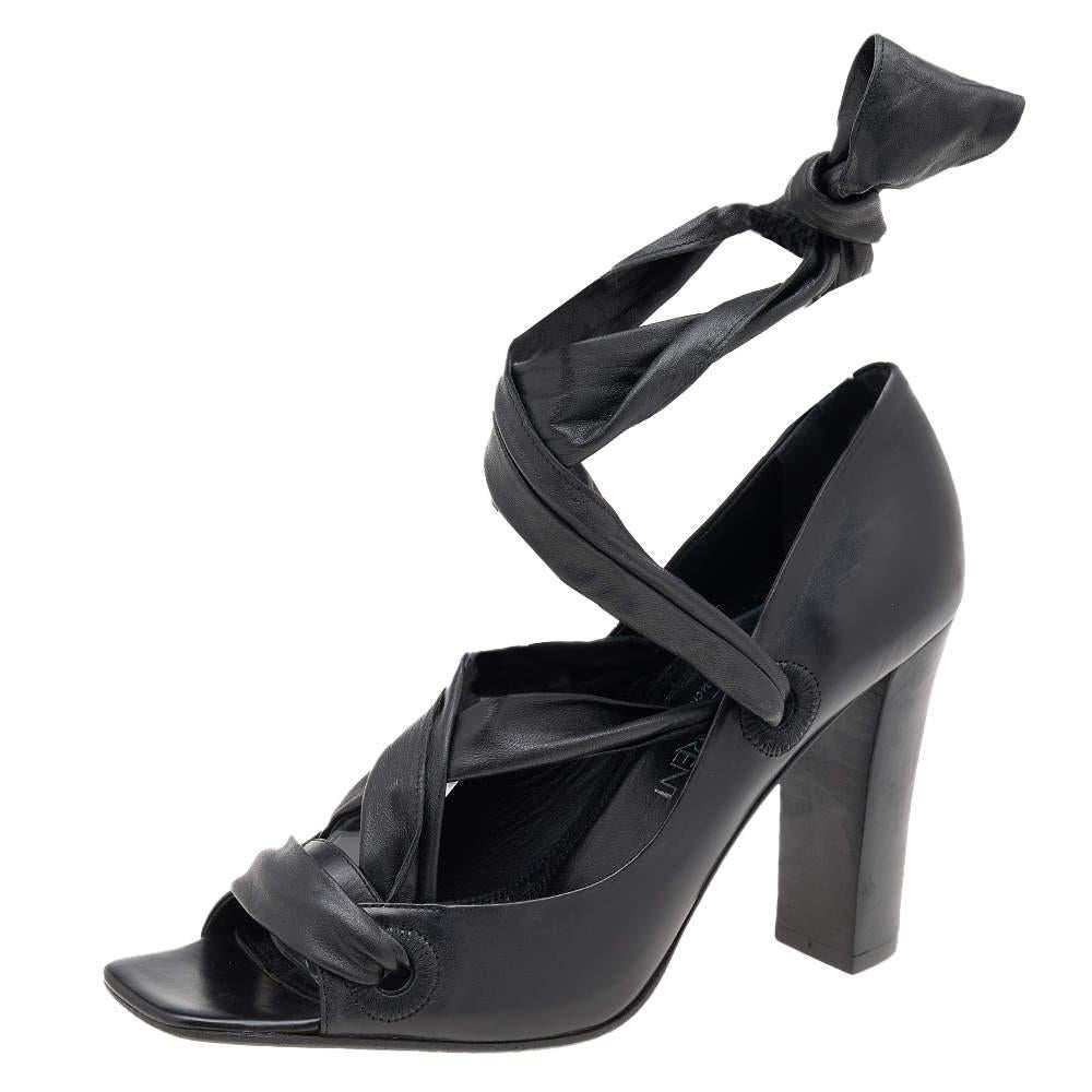 Yves Saint Laurent Black Leather Open Toe Ankle Wrap Pumps Size 37.5 For Sale 1