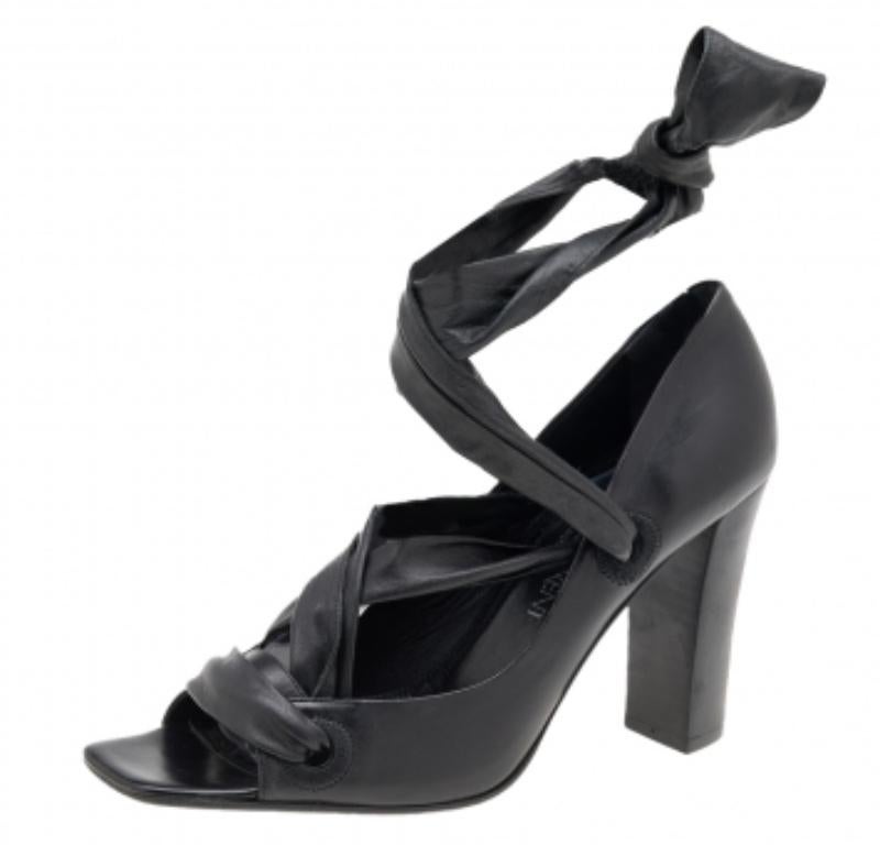 Yves Saint Laurent Black Leather Open Toe  Ankle Wrap Pumps Size 37.5 For Sale 2