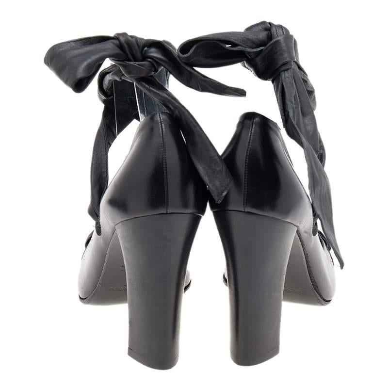 Yves Saint Laurent Black Leather Open Toe Ankle Wrap Pumps Size 37.5 For Sale 2