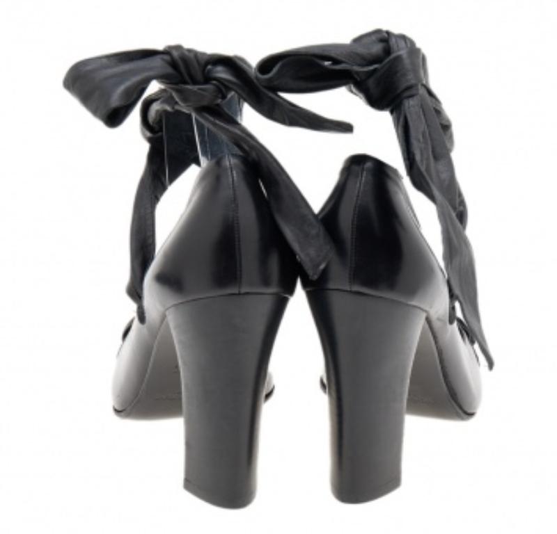 Yves Saint Laurent Black Leather Open Toe  Ankle Wrap Pumps Size 37.5 For Sale 3