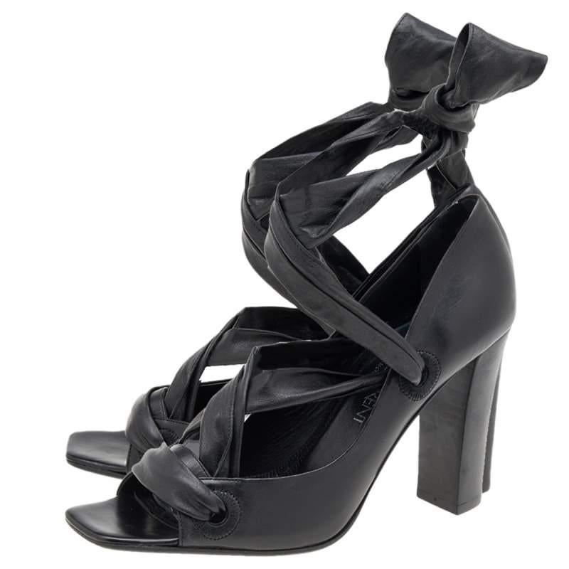 Yves Saint Laurent Black Leather Open Toe Ankle Wrap Pumps Size 37.5 For Sale 3