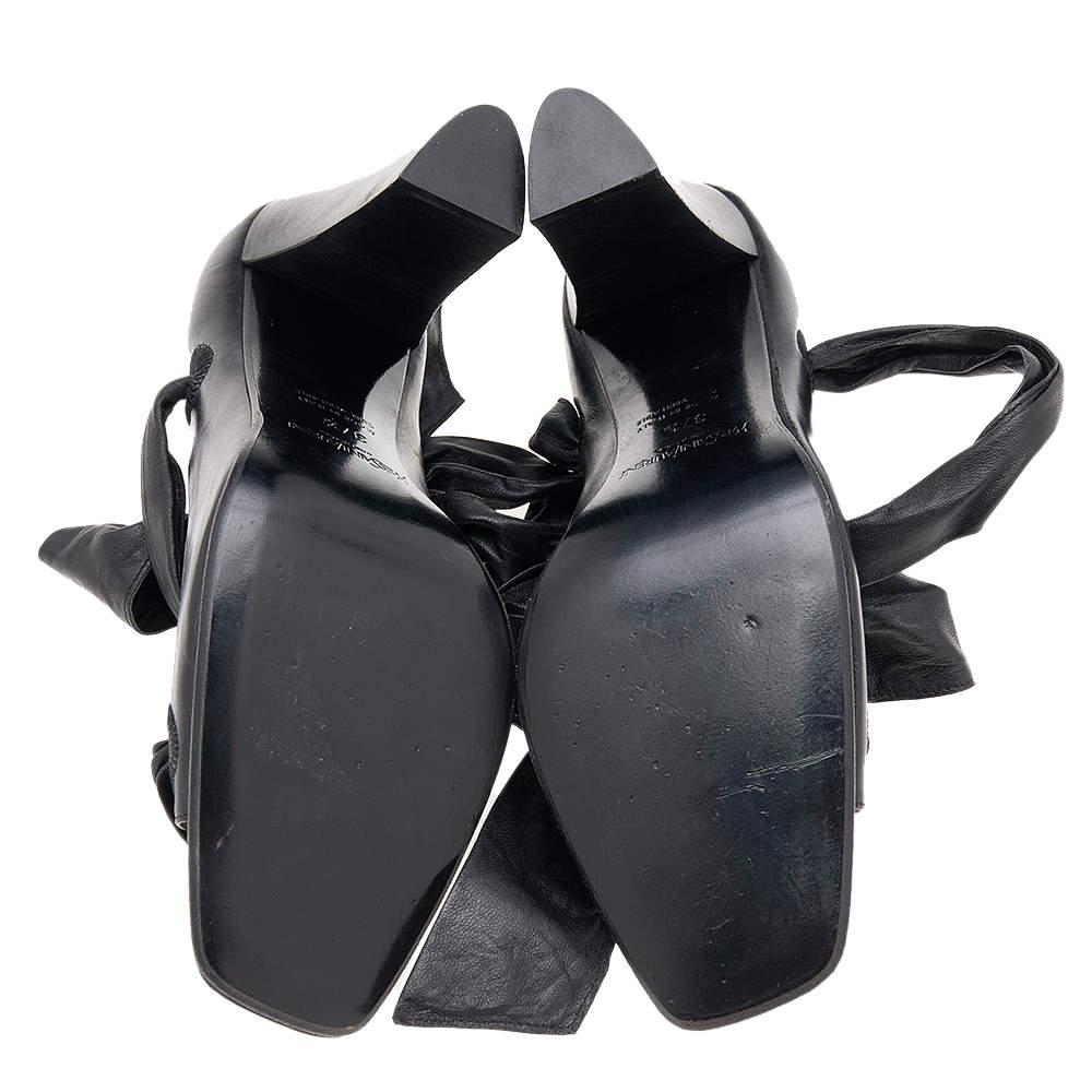 Yves Saint Laurent Black Leather Open Toe Ankle Wrap Pumps Size 37.5 For Sale 4
