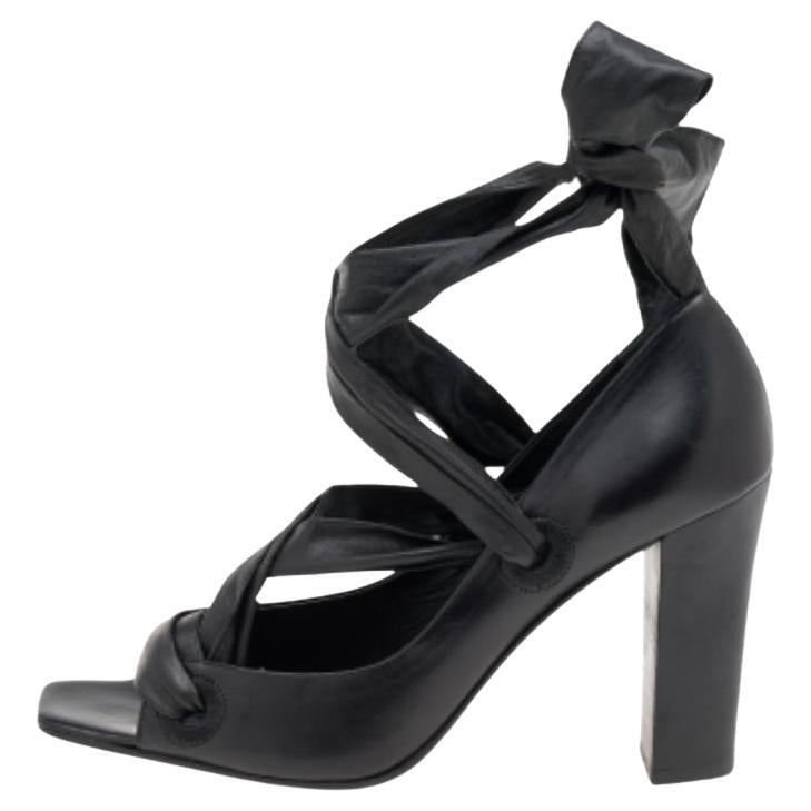 Yves Saint Laurent Black Leather Open Toe  Ankle Wrap Pumps Size 37.5 For Sale