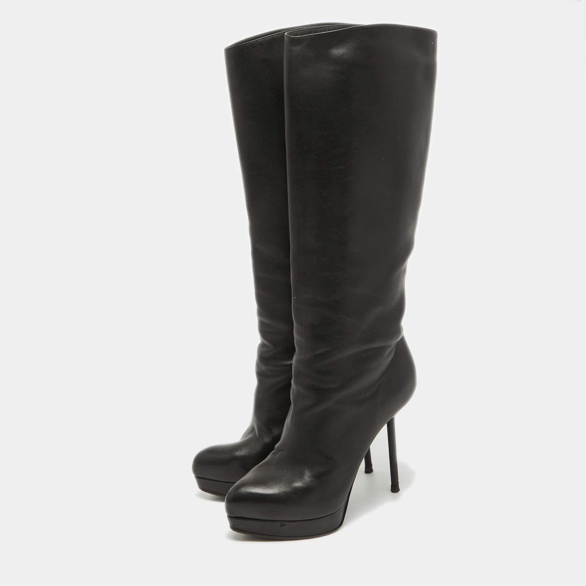 Women's Yves Saint Laurent Black Leather Platform Knee Length Boots Size 36 For Sale