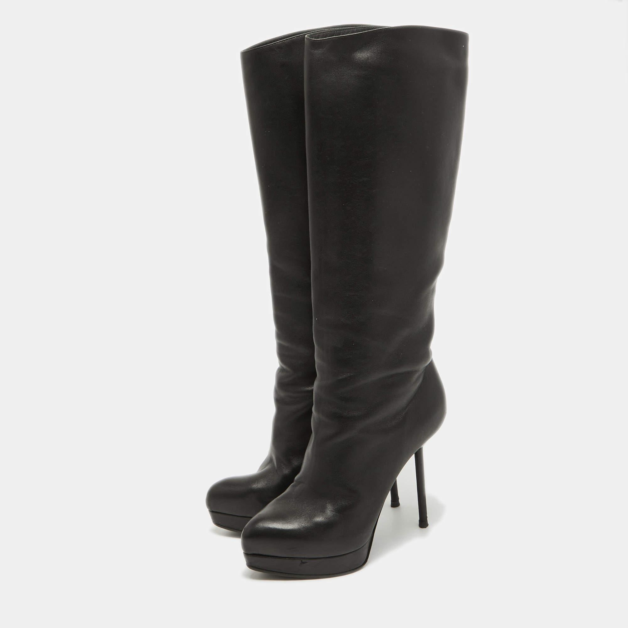 Yves Saint Laurent Schwarze knielange Plateaustiefel aus Leder Größe 36 Damen im Angebot