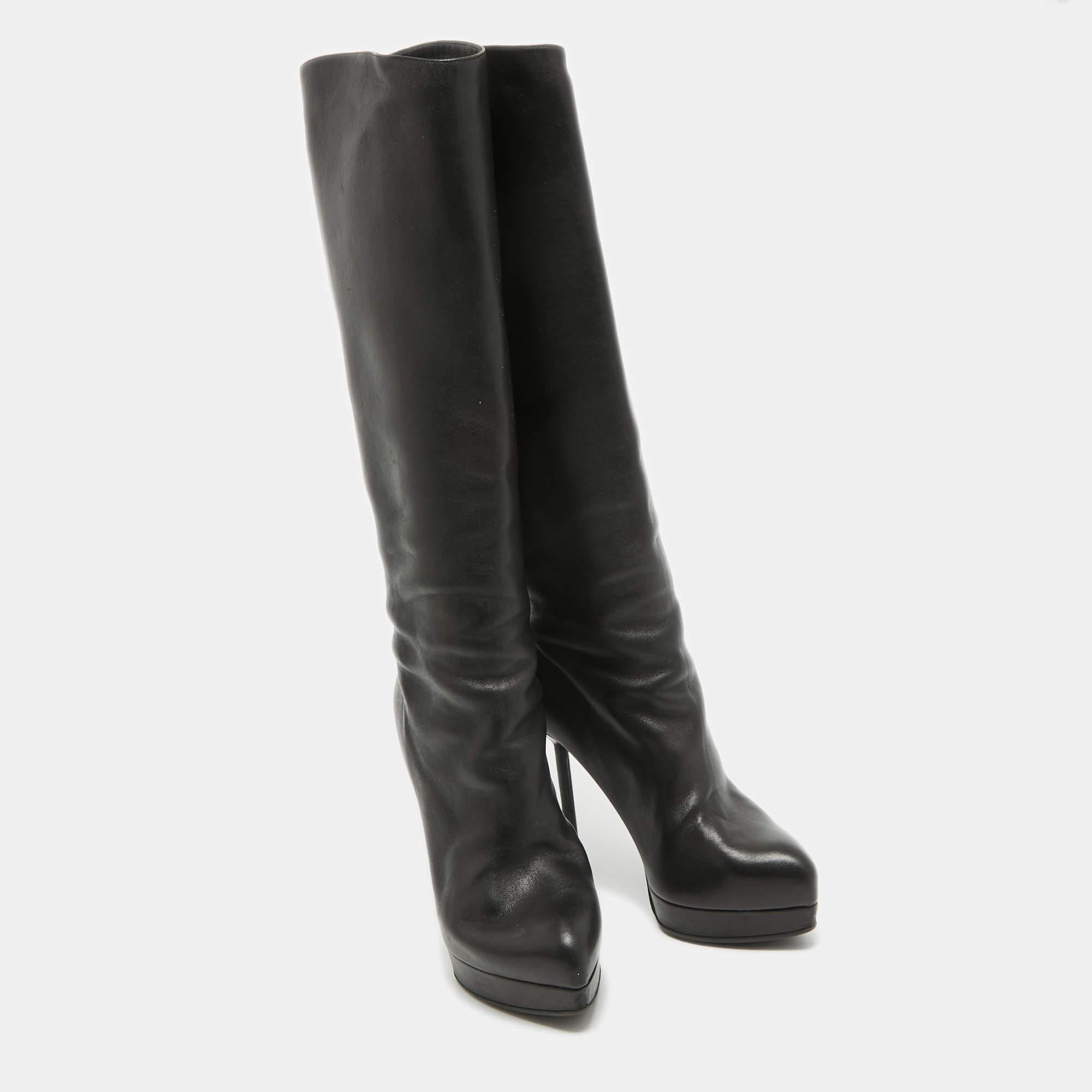Yves Saint Laurent Black Leather Platform Knee Length Boots Size 36 For Sale 4