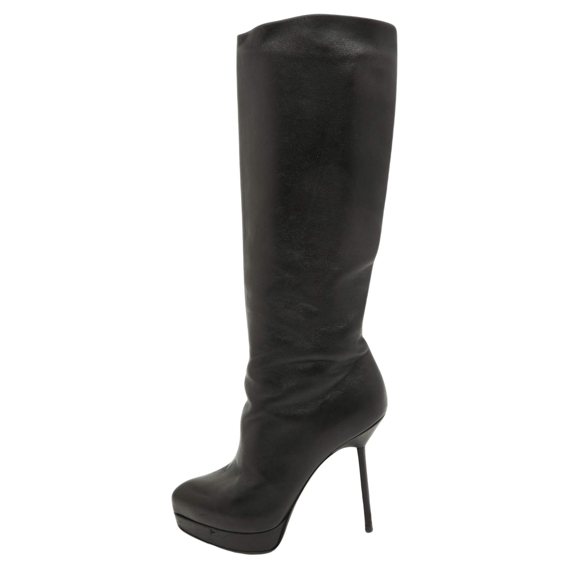 Yves Saint Laurent Black Leather Platform Knee Length Boots Size 36 For Sale