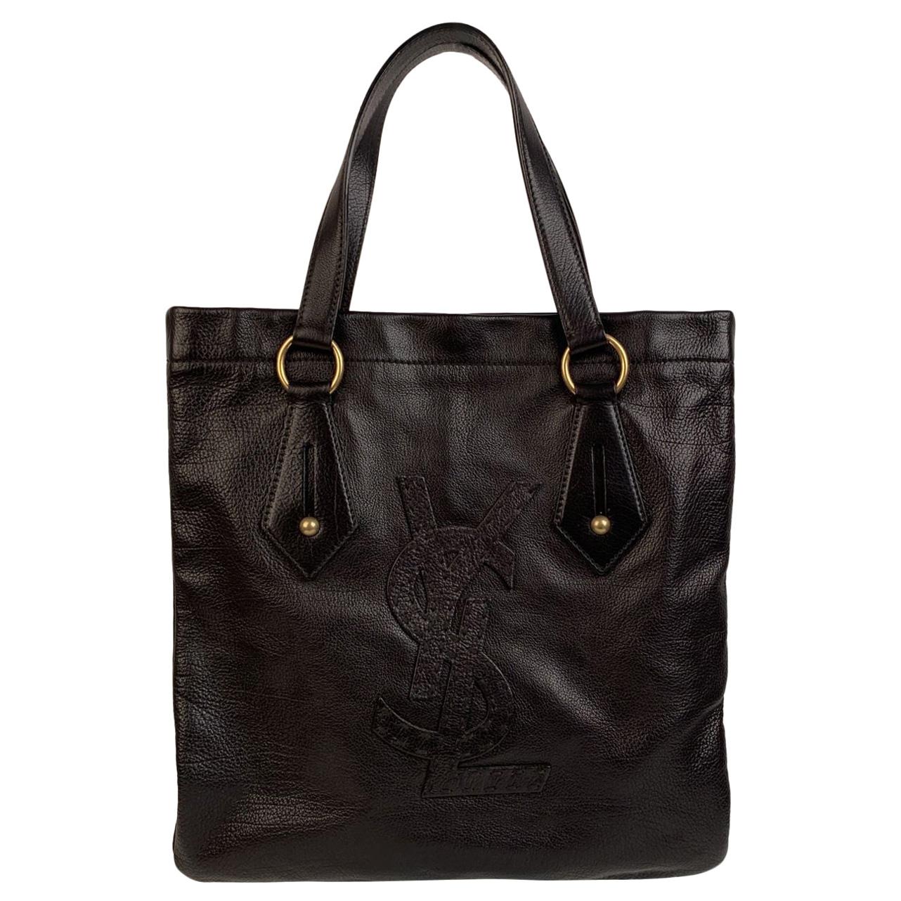 Yves Saint Laurent Black Leather Tote Shopping Bag with Logo