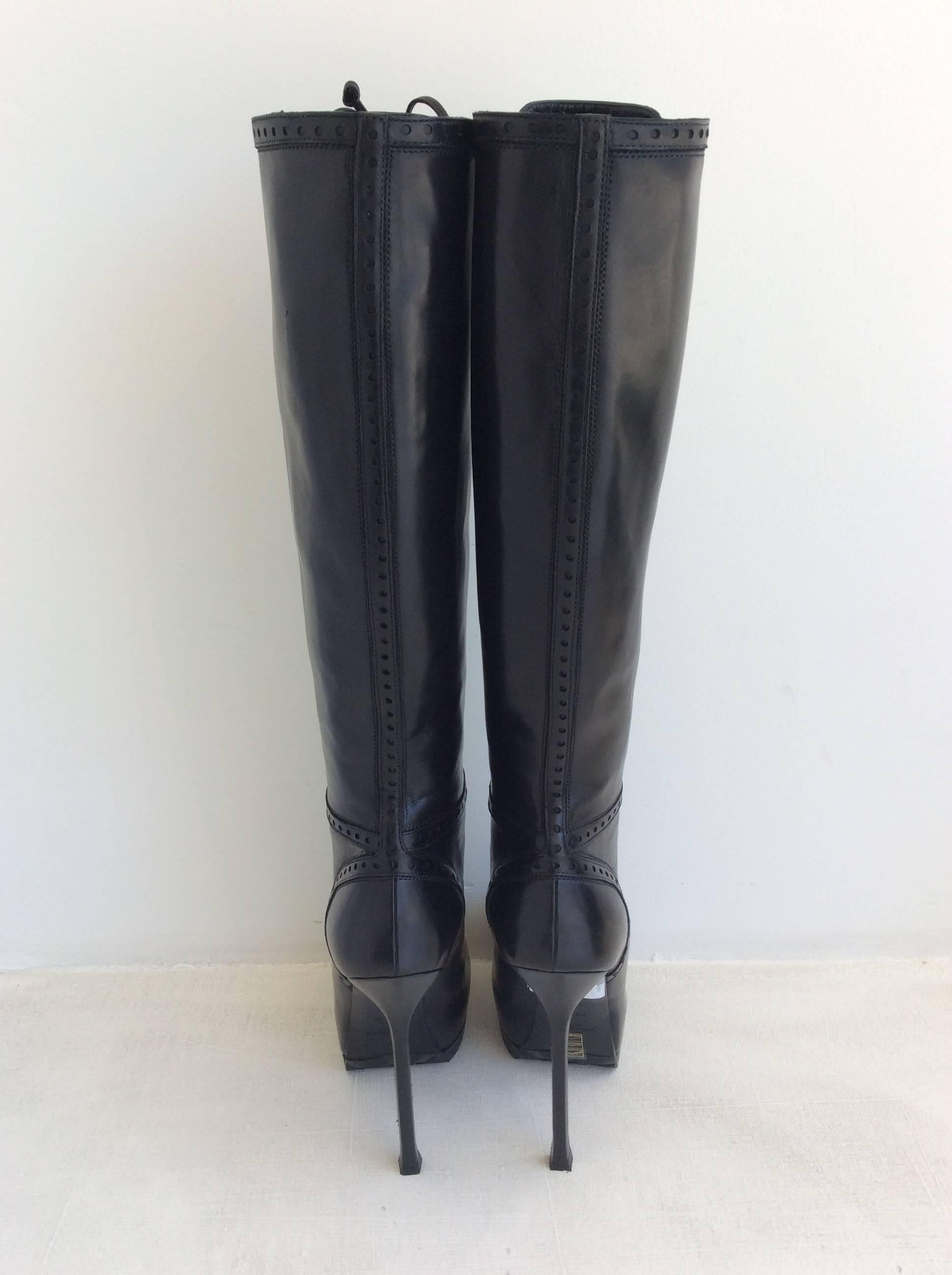 Yves Saint Laurent Black Leather Tribute Lace Up Platform Boots  In New Condition In San Francisco, CA