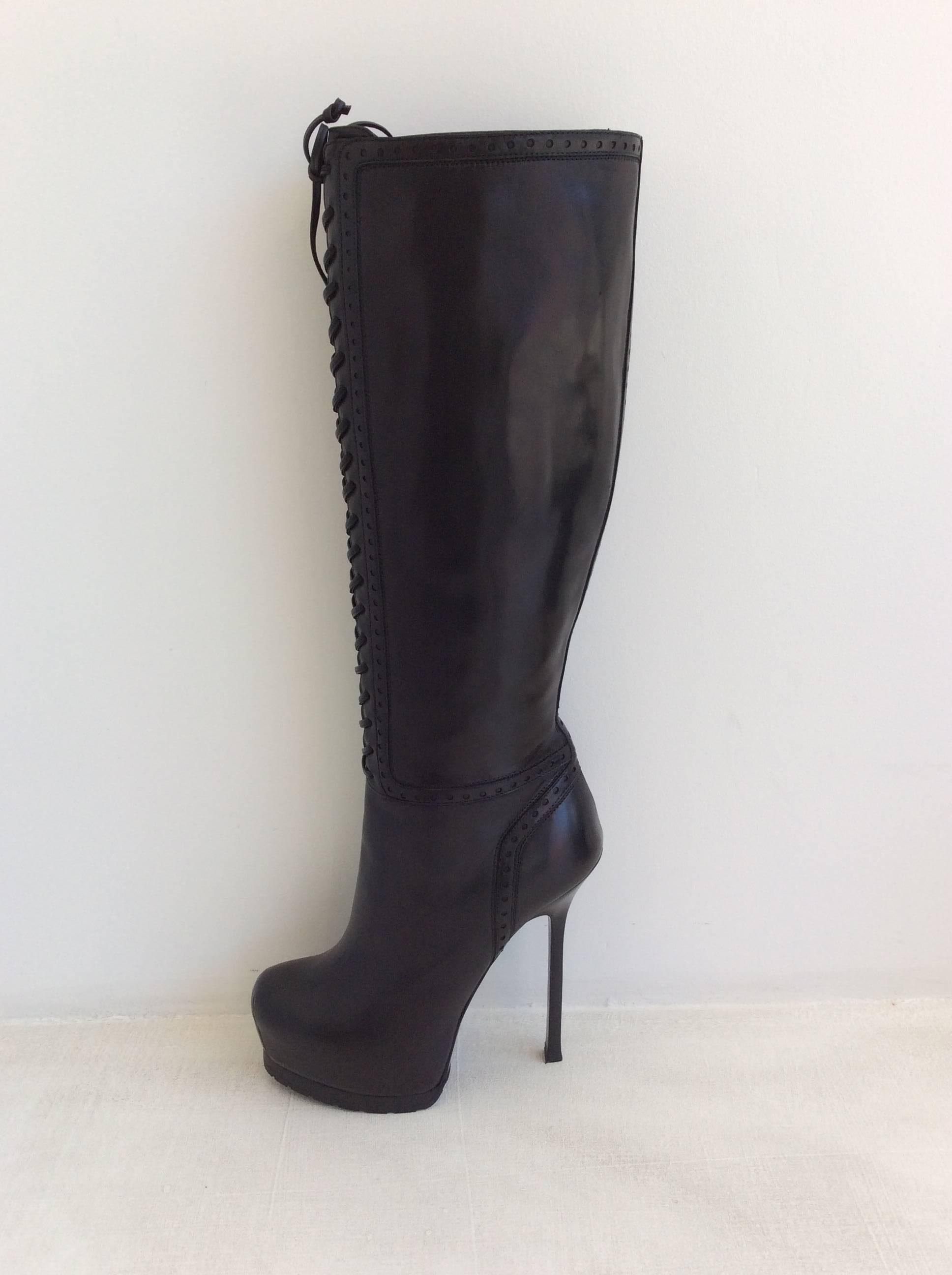 Women's Yves Saint Laurent Black Leather Tribute Lace Up Platform Boots 