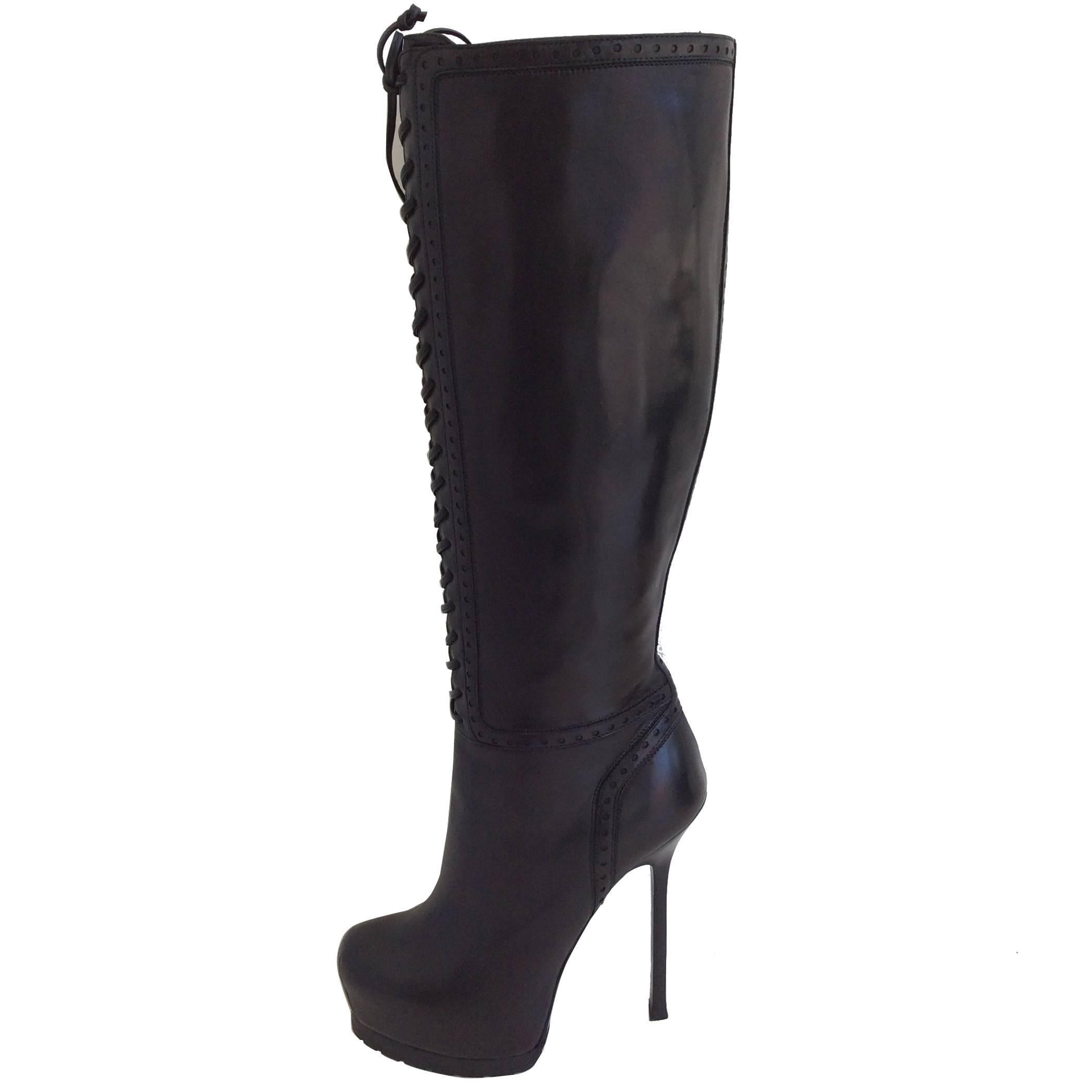 Yves Saint Laurent Black Leather Tribute Lace Up Platform Boots at 1stDibs