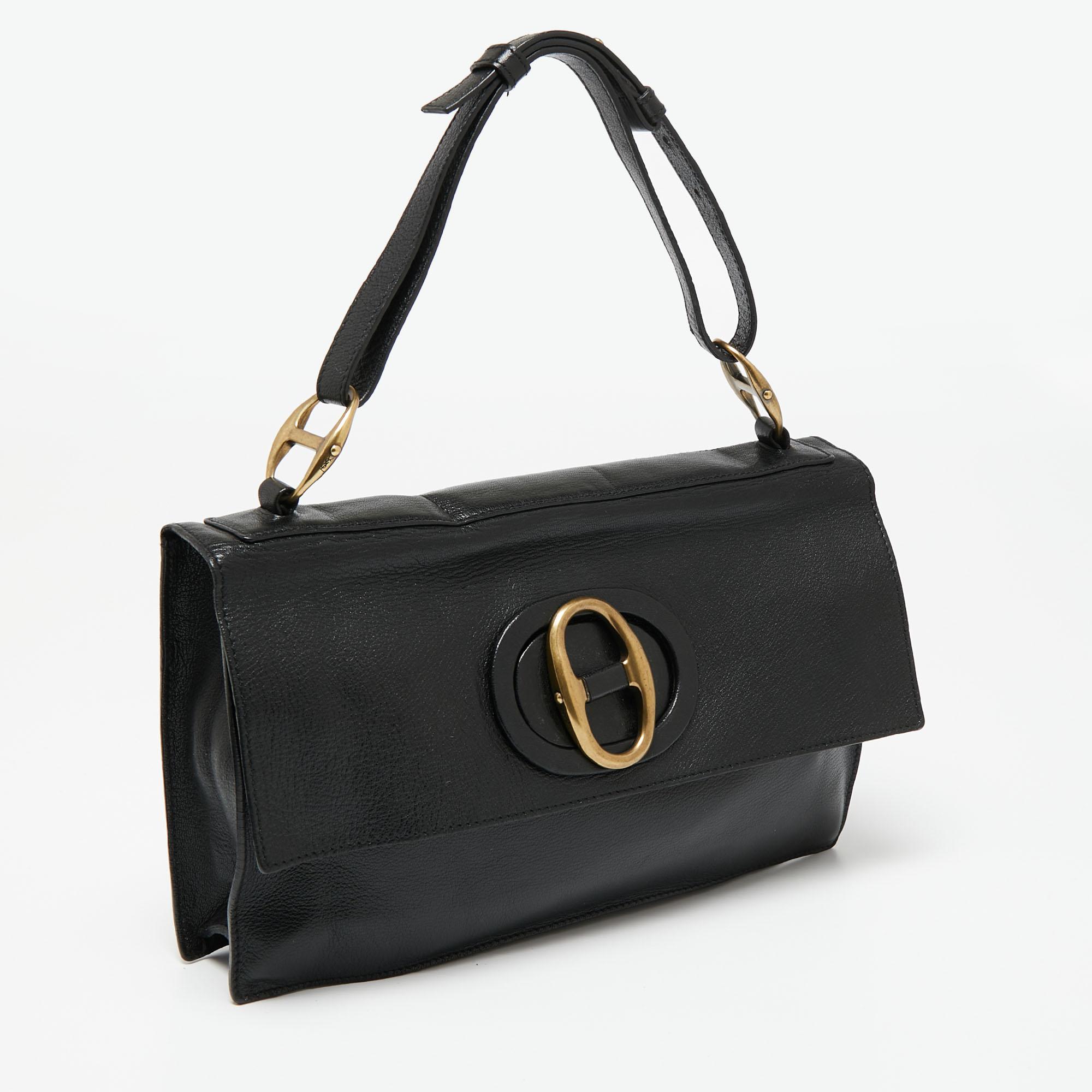 Yves Saint Laurent Black Leather Turnlock Buckle Flap Top Handle Bag In Good Condition In Dubai, Al Qouz 2