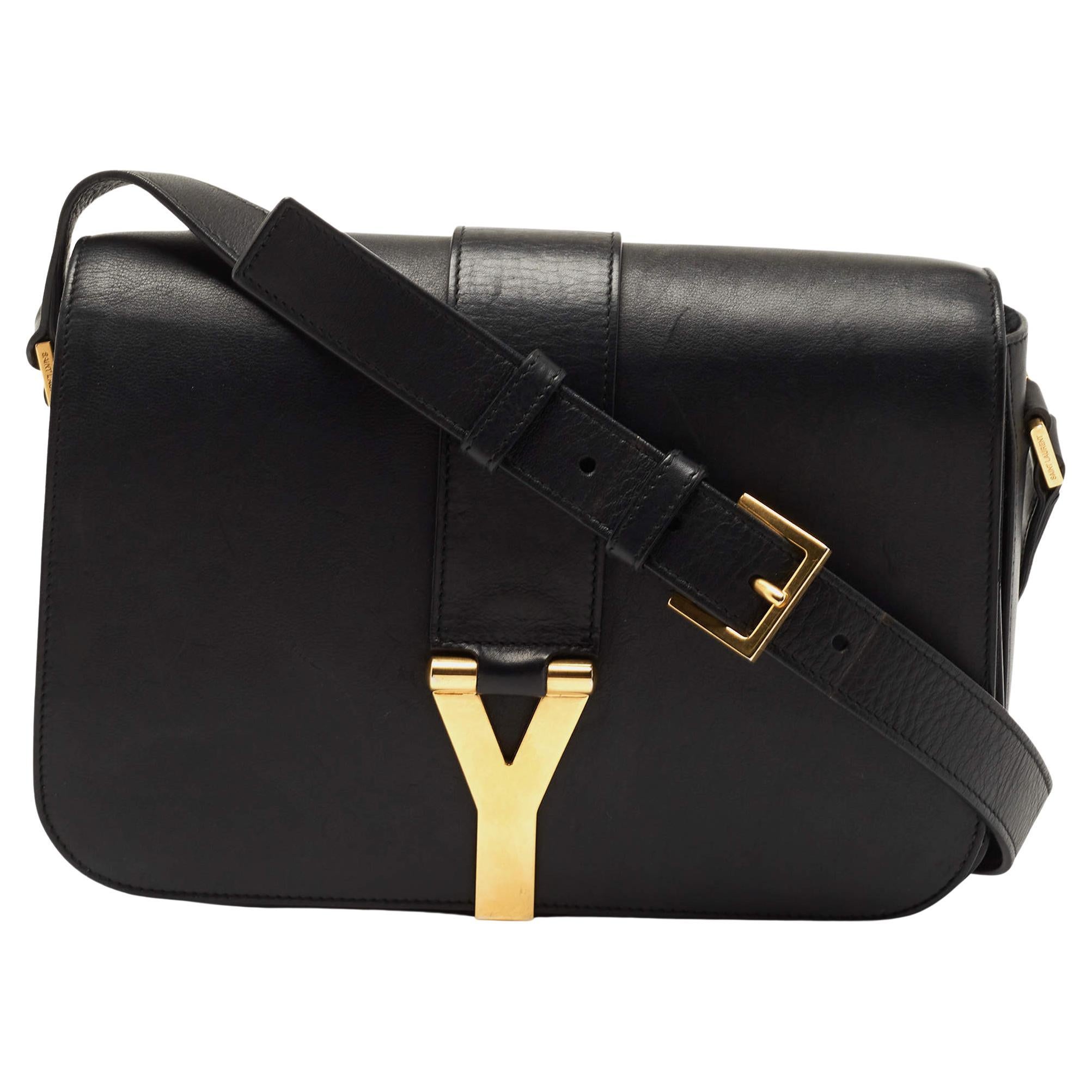 Yves Saint Laurent Black Leather Y-Ligne Flap Shoulder Bag