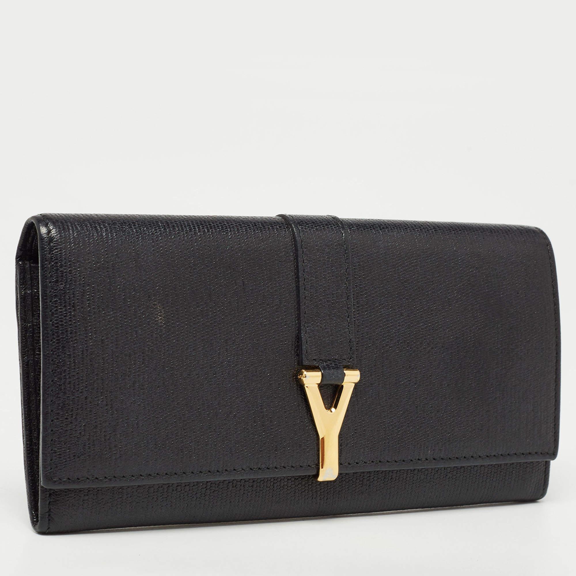 Yves Saint Laurent Portefeuille continental à rabat en cuir noir Y Line 5
