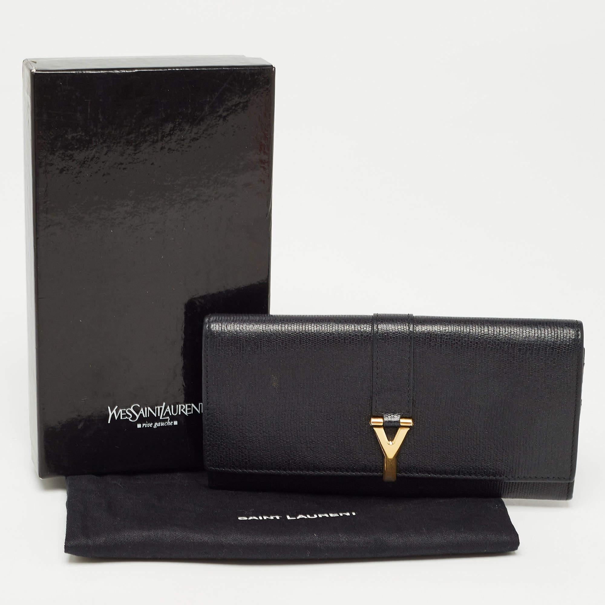 Yves Saint Laurent Portefeuille continental à rabat en cuir noir Y Line 6