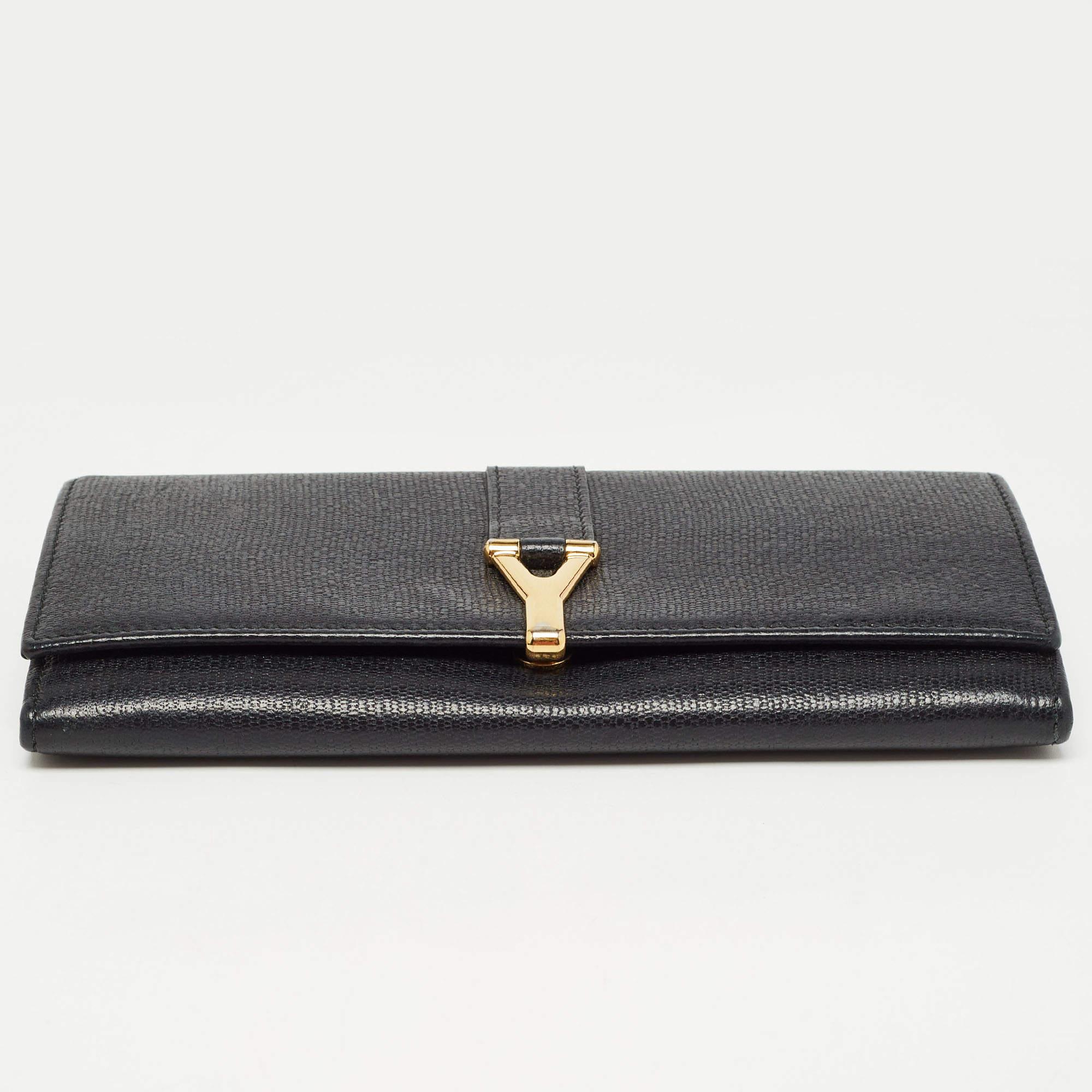 Noir Yves Saint Laurent Portefeuille continental à rabat en cuir noir Y Line
