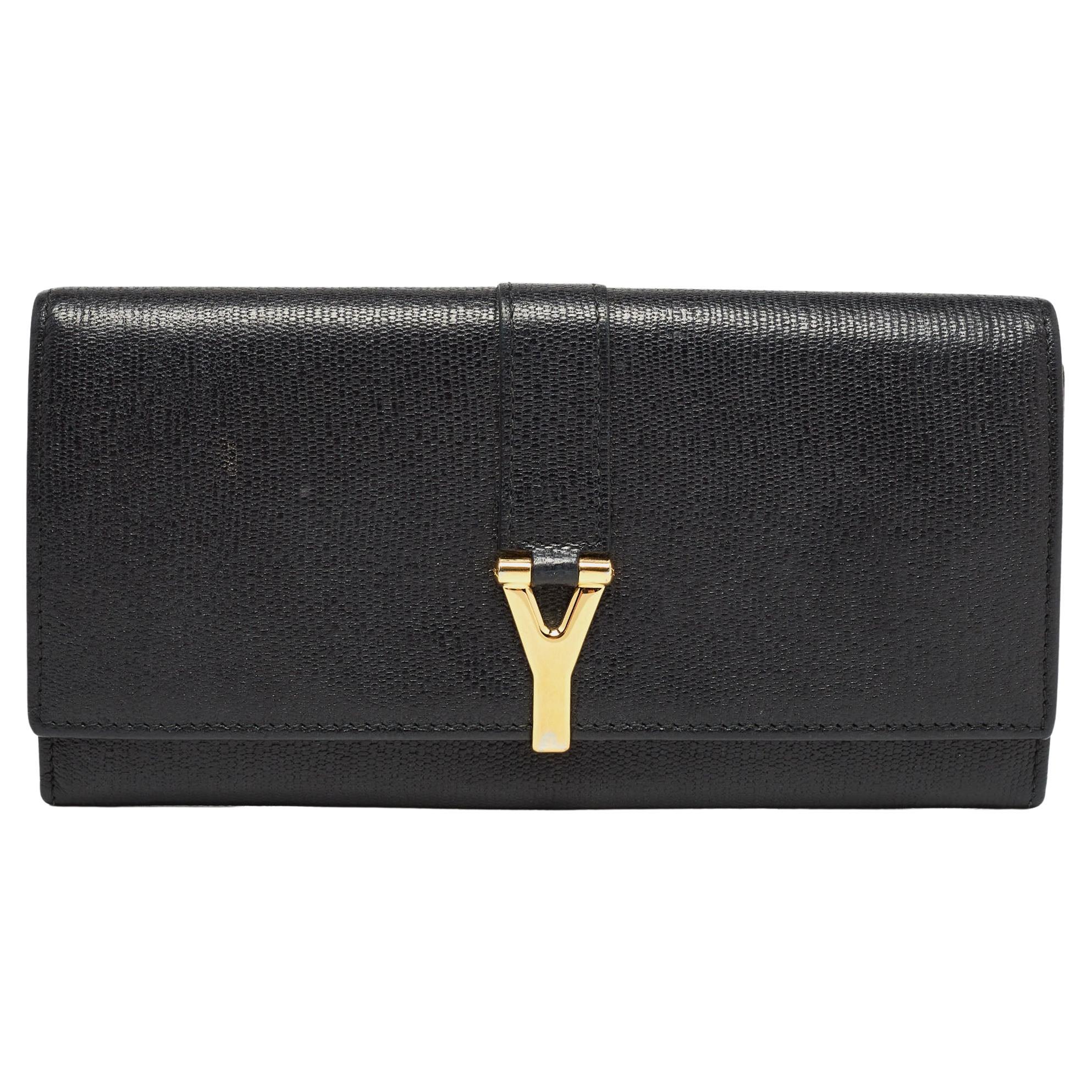 Yves Saint Laurent Black Leather Y Line Flap Continental Wallet For Sale