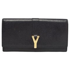 Yves Saint Laurent Black Leather Y Line Flap Continental Wallet