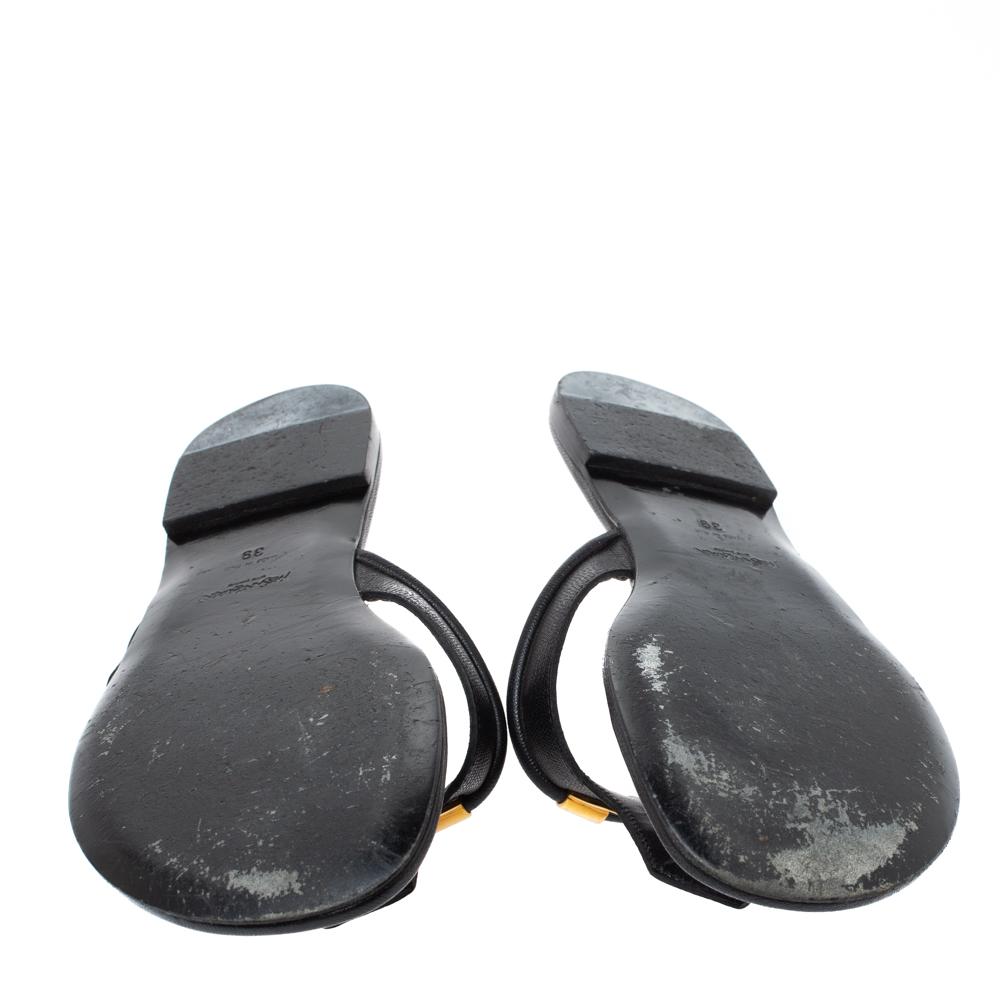 Women's Yves Saint Laurent Black Leather Ycon Thong Flat Sandals Size 39