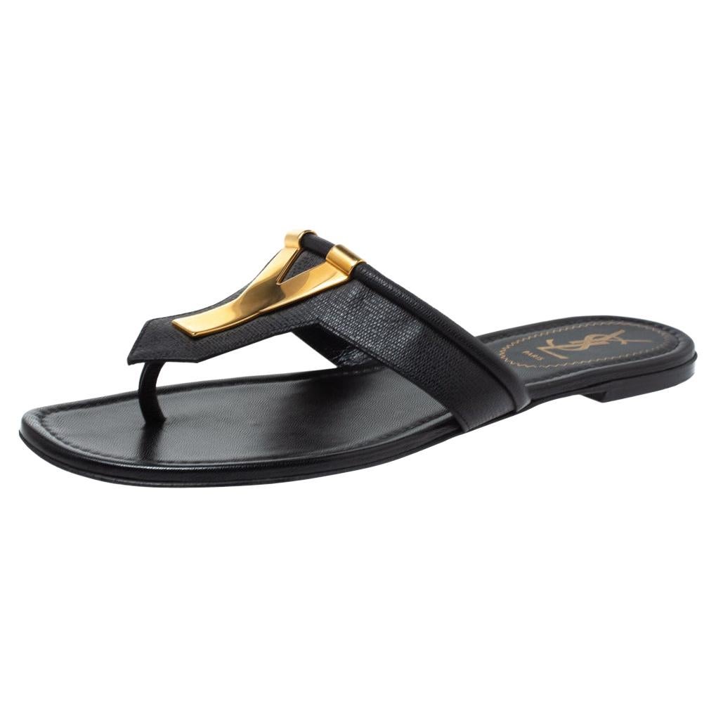 Yves Saint Laurent Black Leather Ycon Thong Flat Sandals Size 39