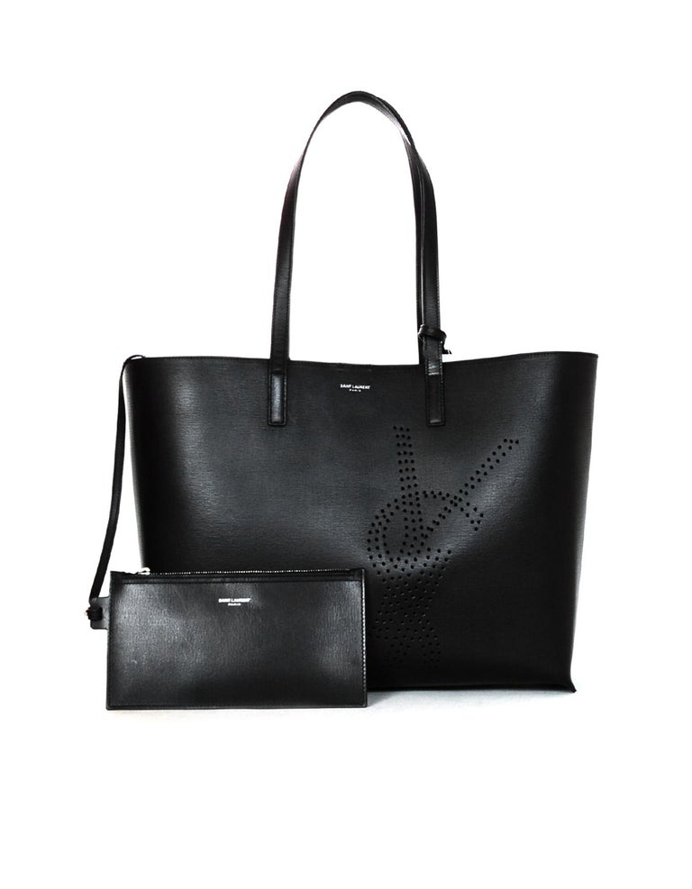 Yves Saint Laurent Black Leather YSL Perforated Shopping Tote Bag W Tassel