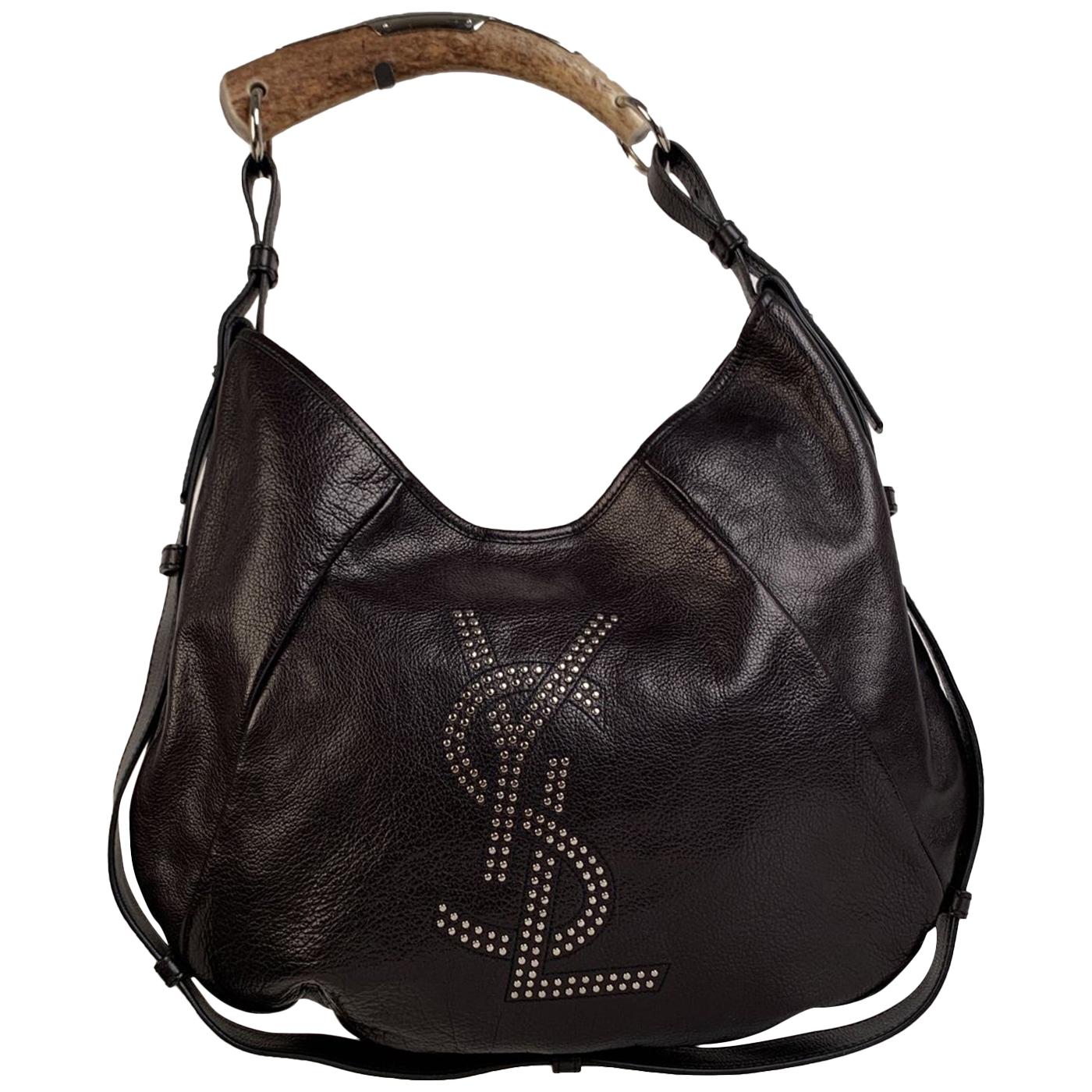Yves Saint Laurent Black Leather Ysl Studded Mombasa Hobo Bag