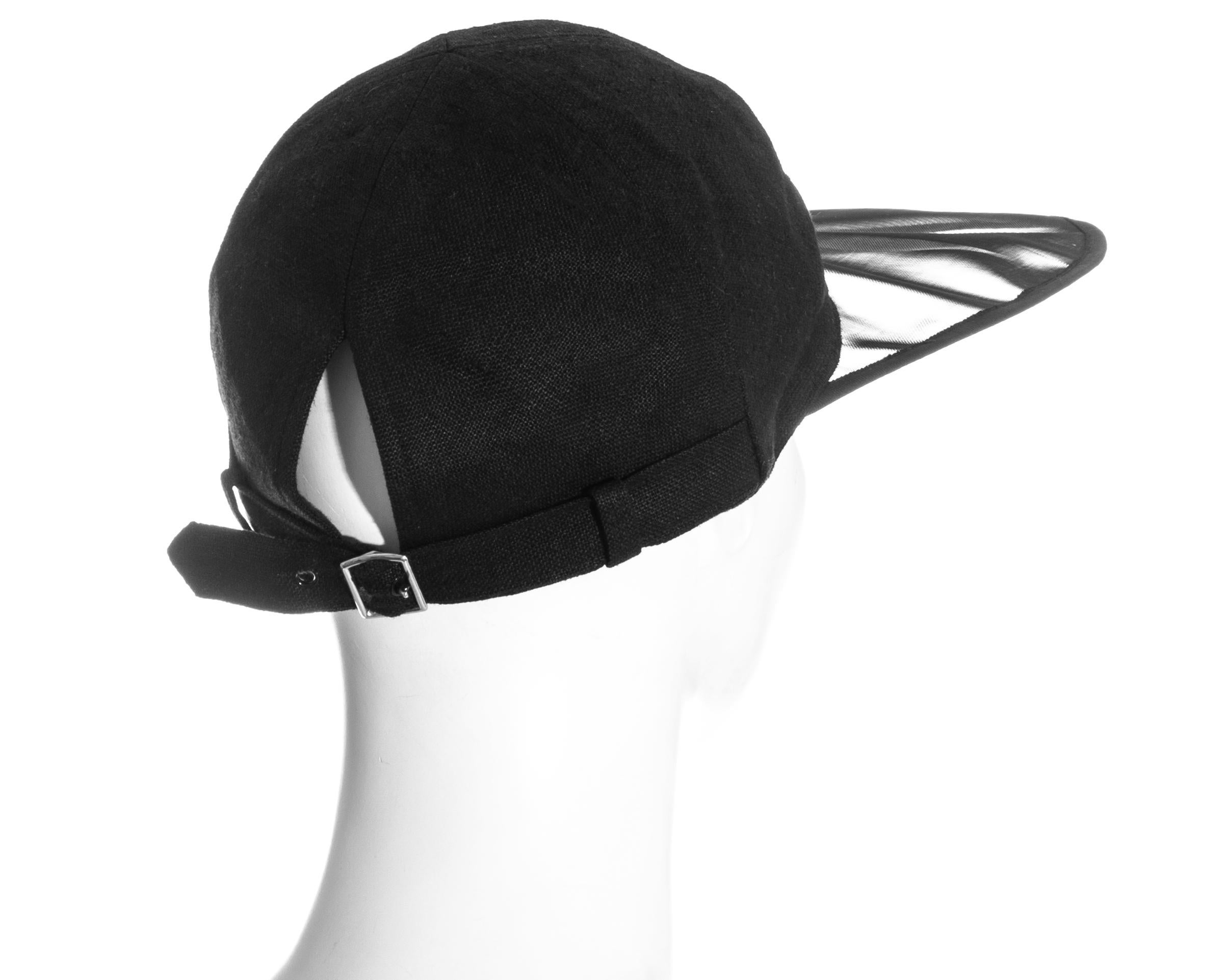 Black Yves Saint Laurent black linen cap with extra long organza visor, ss 1991 For Sale