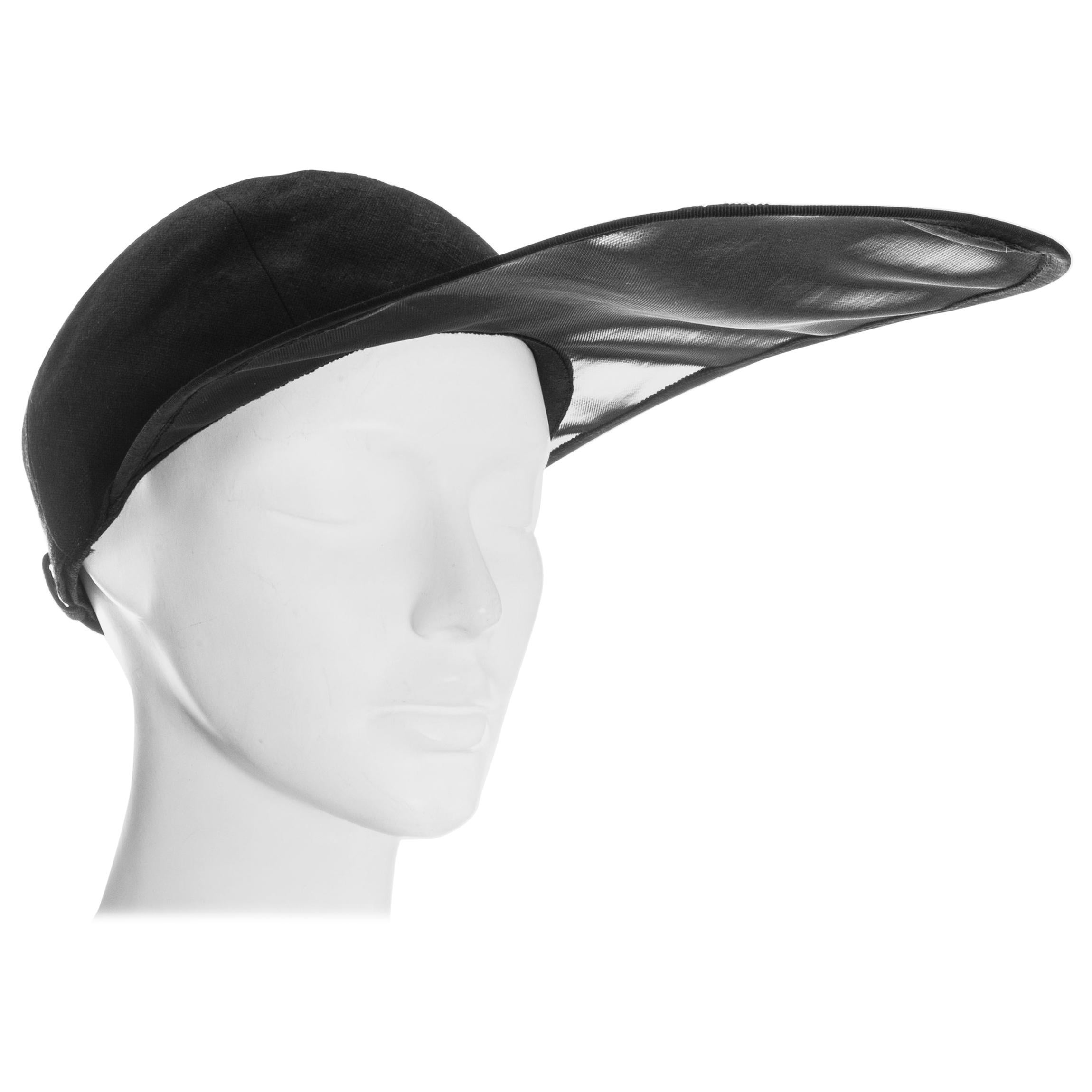Yves Saint Laurent black linen cap with extra long organza visor, ss 1991