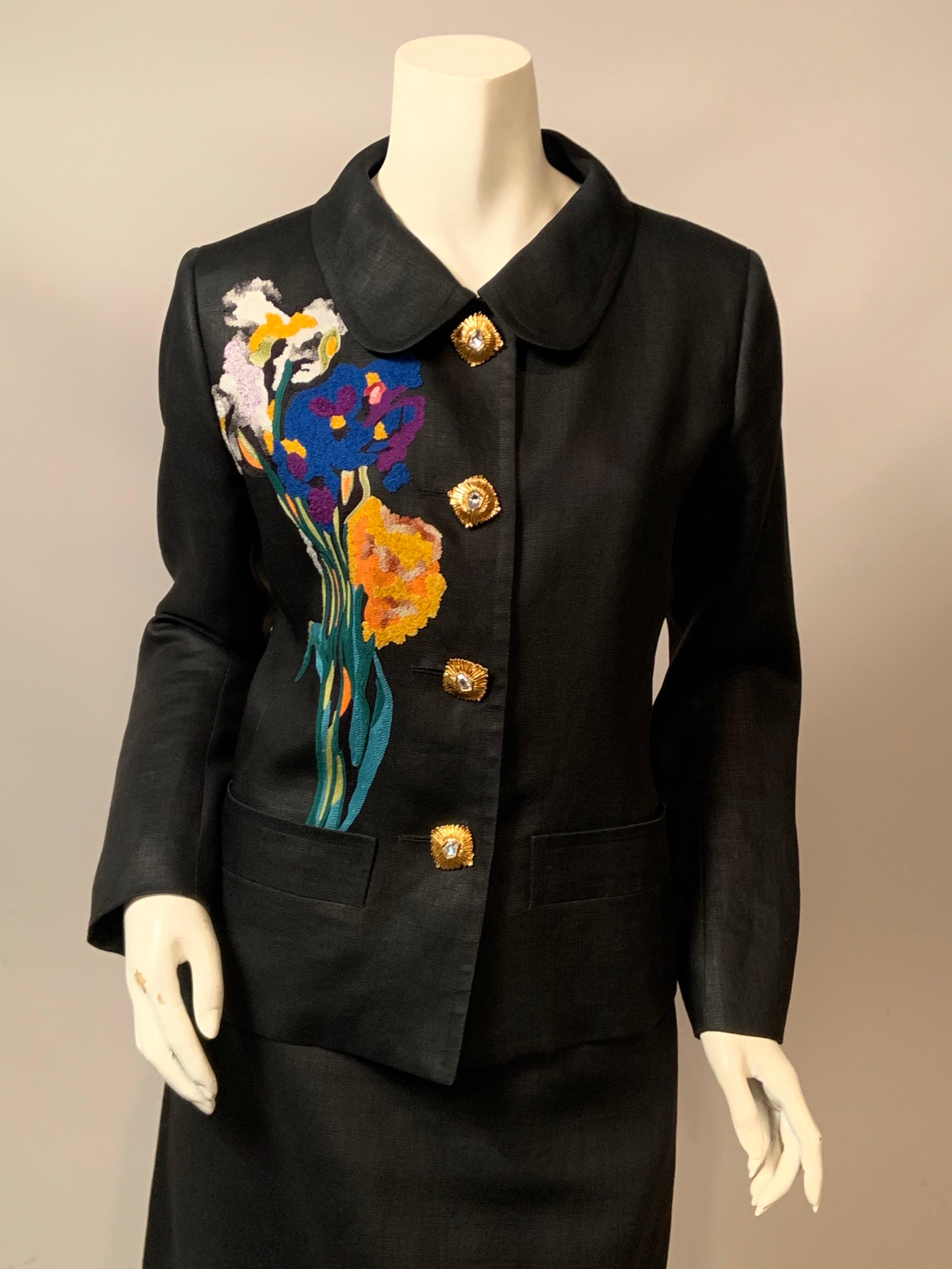 Yves Saint Laurent Schwarzer Leinenanzug mit buntem, appliziertem Blumenstrauß im Zustand „Hervorragend“ im Angebot in New Hope, PA