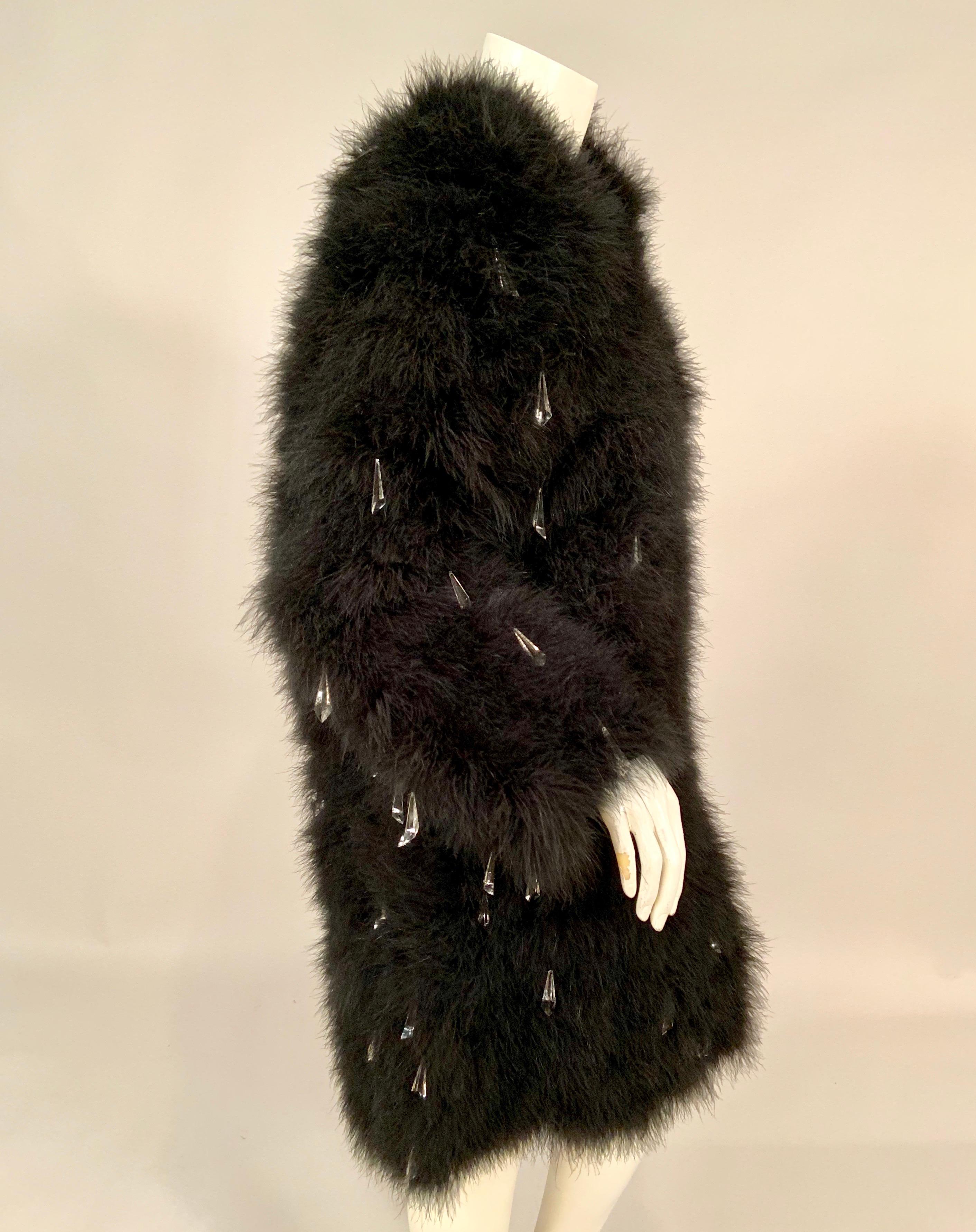 Yves Saint Laurent Black Marabou Feather Coat Dangling Clear Plastic Prisms In Excellent Condition In New Hope, PA