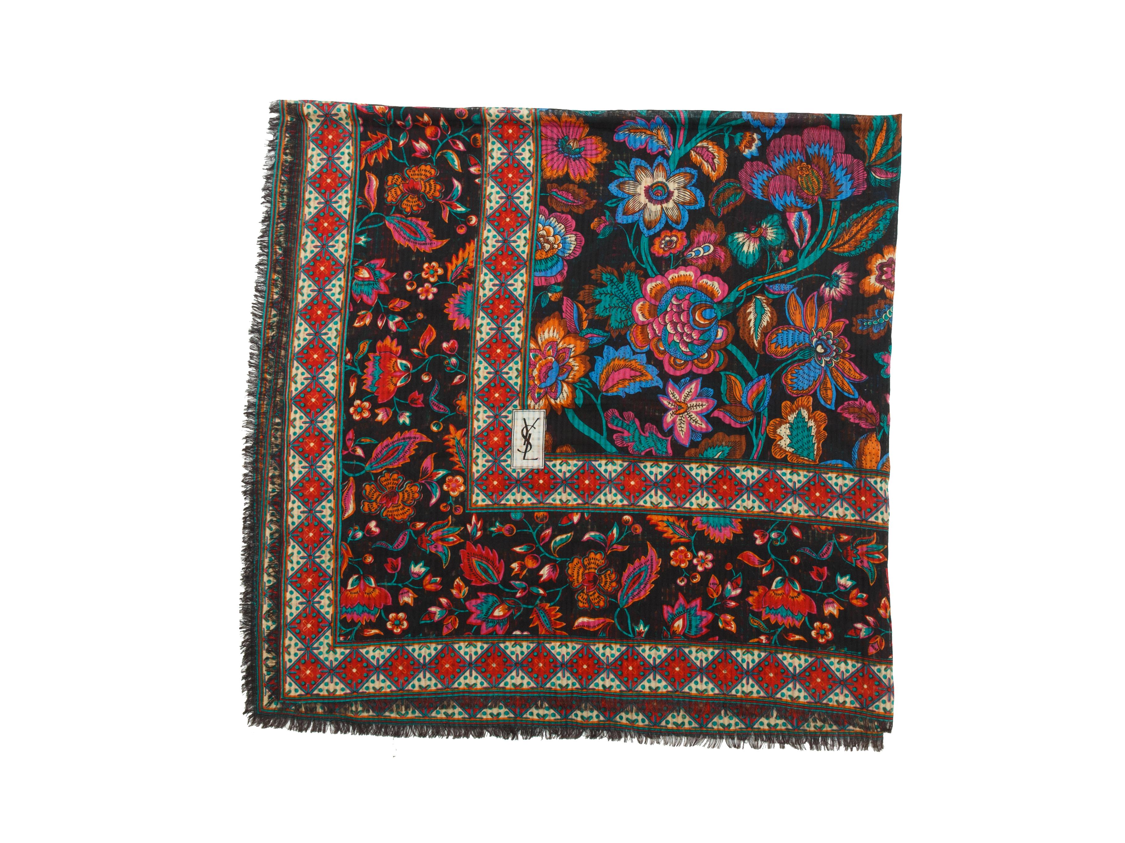 Product details: Black and multicolor woven scarf by Yves Saint Laurent. Floral print throughout. 55