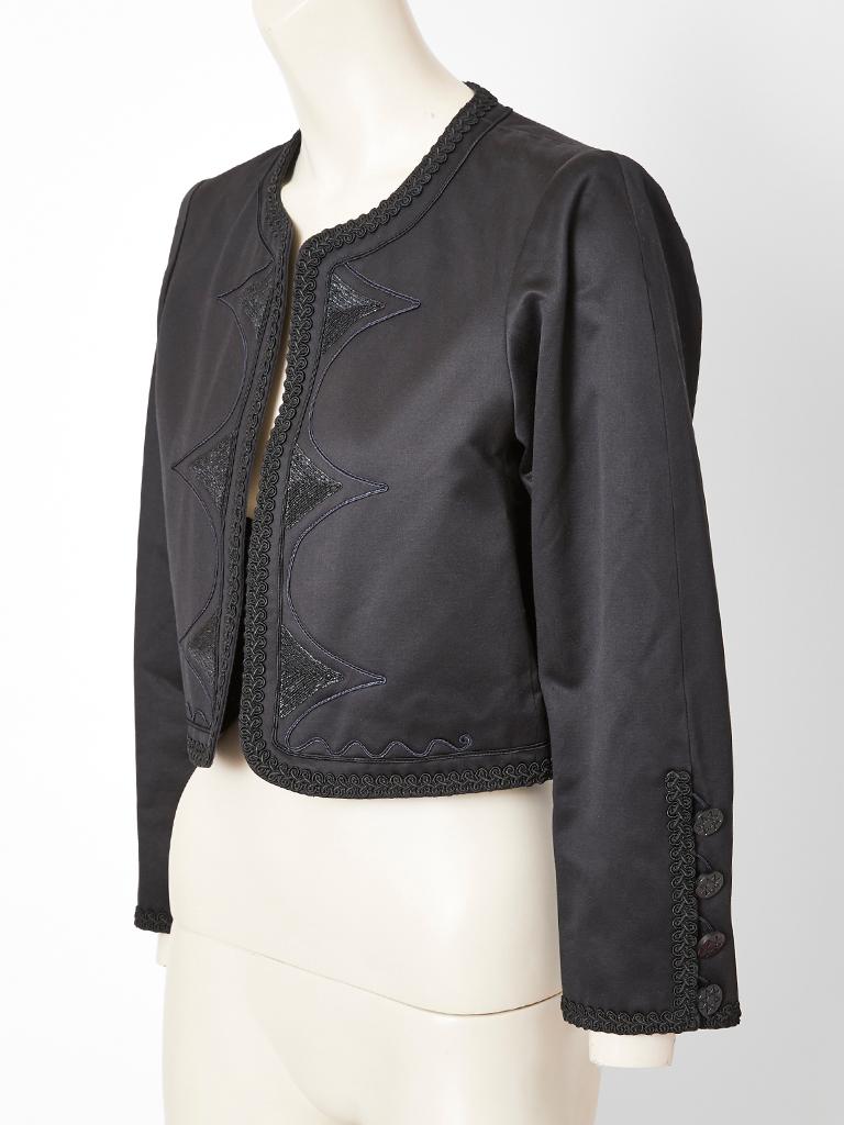 Yves Saint Laurent, Rive Gauche, cotton sateen, cropped jacket, having thick braided trim and stitched soutache detail along the front edges.